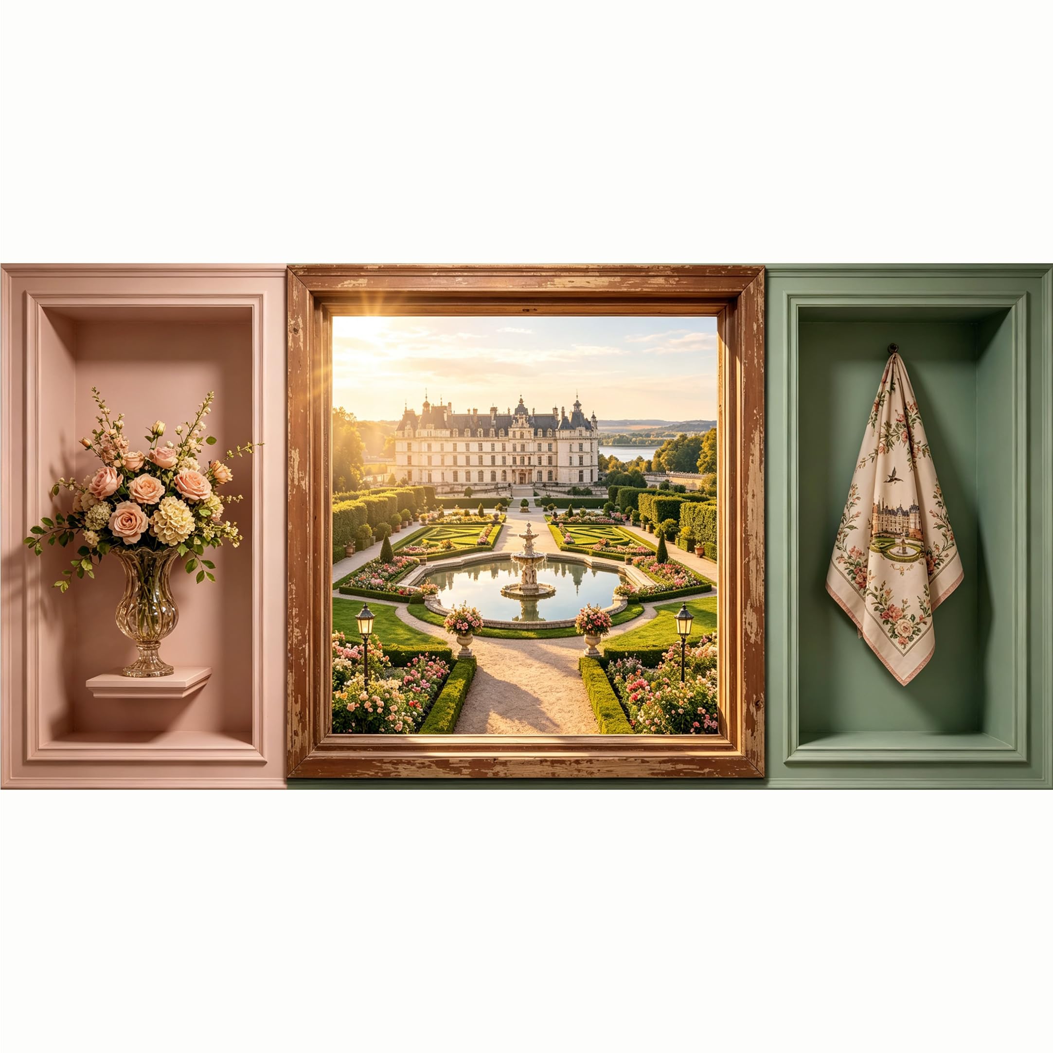 QZLITHOTIC 50x100cm 3D Framed Wall Art， French Chateau Garden Landscape Oil Painting SelfAdhesive Mural， WaterActivated Peel & Stick Fabric Decor Wall Decal for Bedroom Living Room