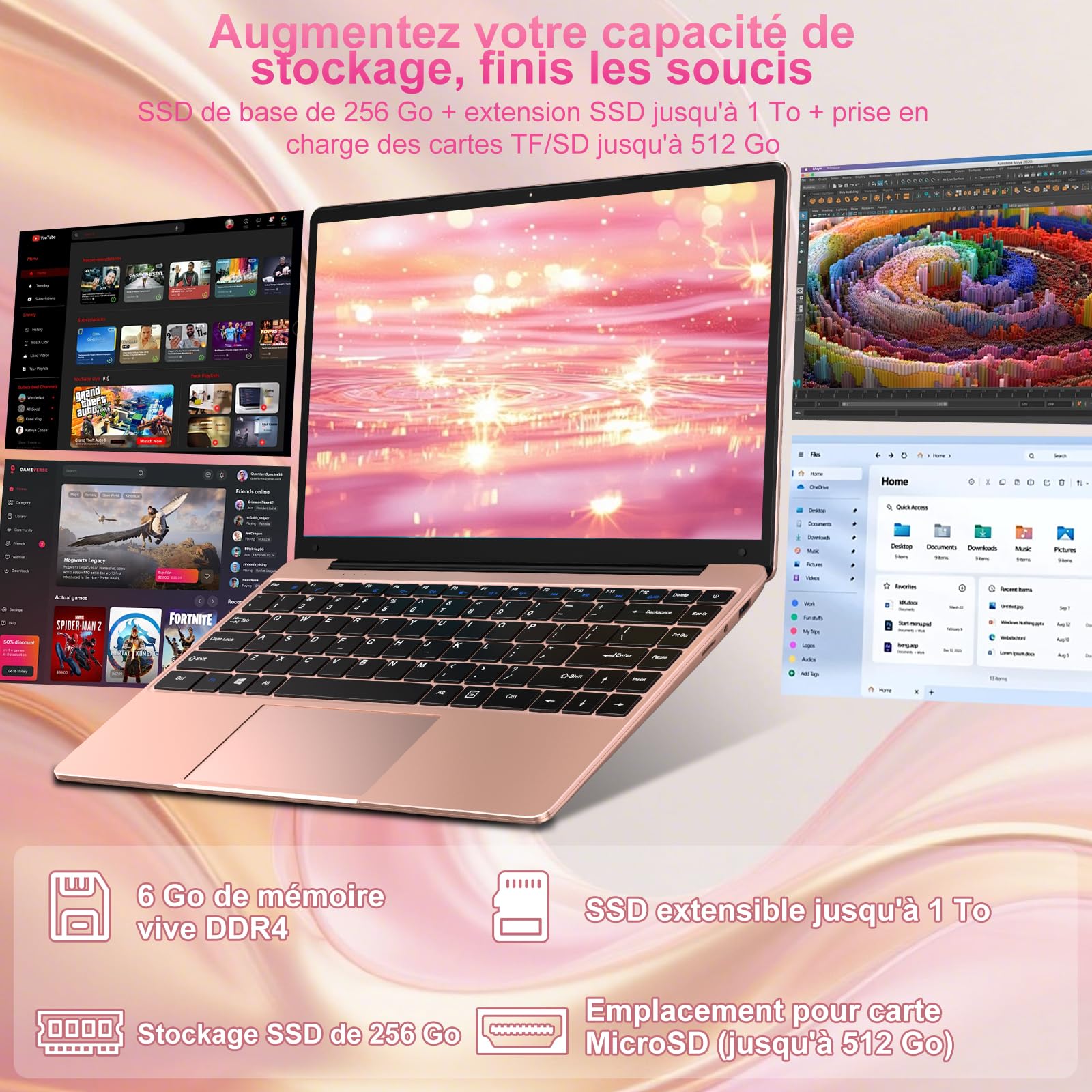 bvate Ordinateur Portable 14" 256 Go Win 11 N4020 Support Expansion 1 to SSD 1080P 2.4G+5G WiFi Mini HDMI & Souris sans Fil et Un Film de Clavier AZERTY pour Clavier - Or Rose