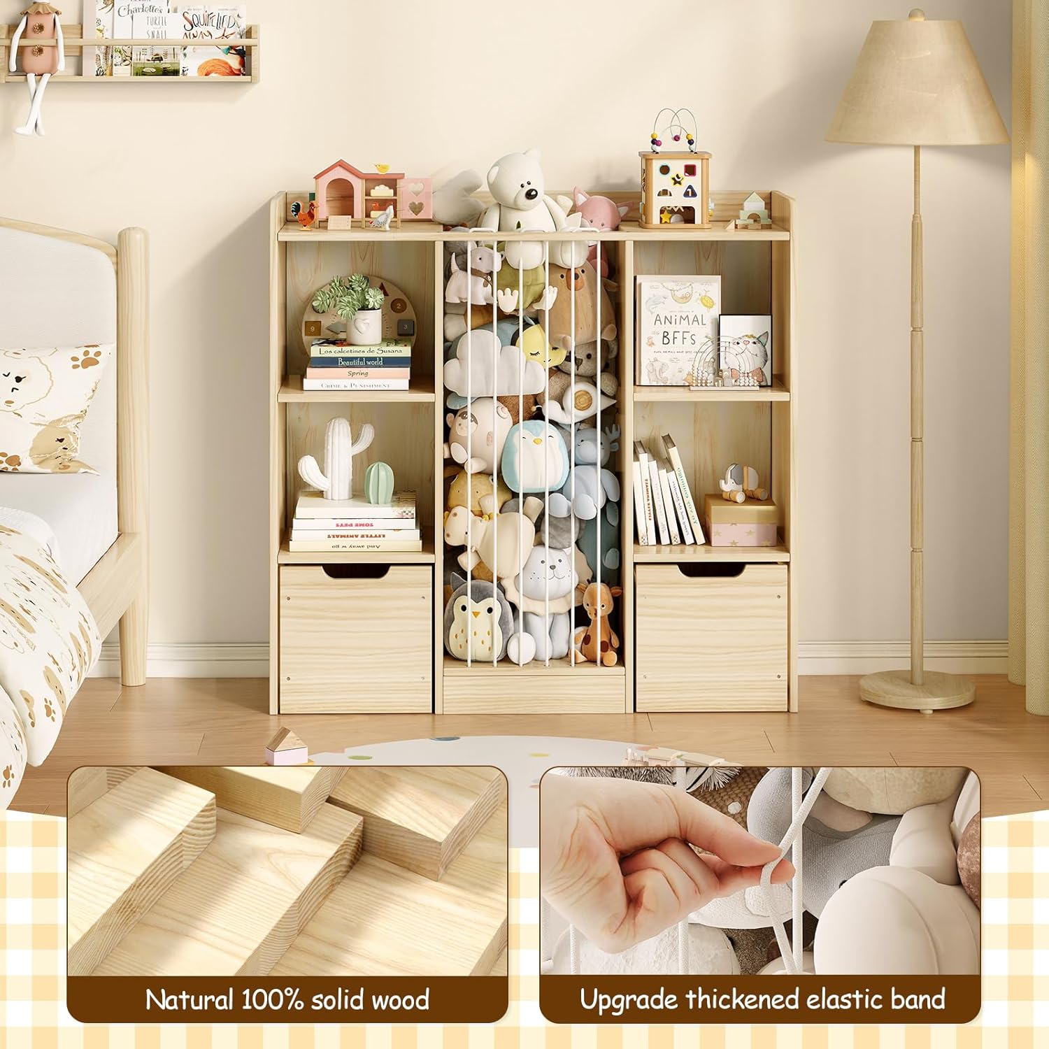 Toy Storage Organizer with Stuffed Animal Storage, Solid Pine Wooden Toy Organizer & Stuffed Animal Zoo, 4 Cubes Shelf with 2 Movable Drawers, 4 -in-1 Book Shelf for Kids Room, Playroom, Nursery