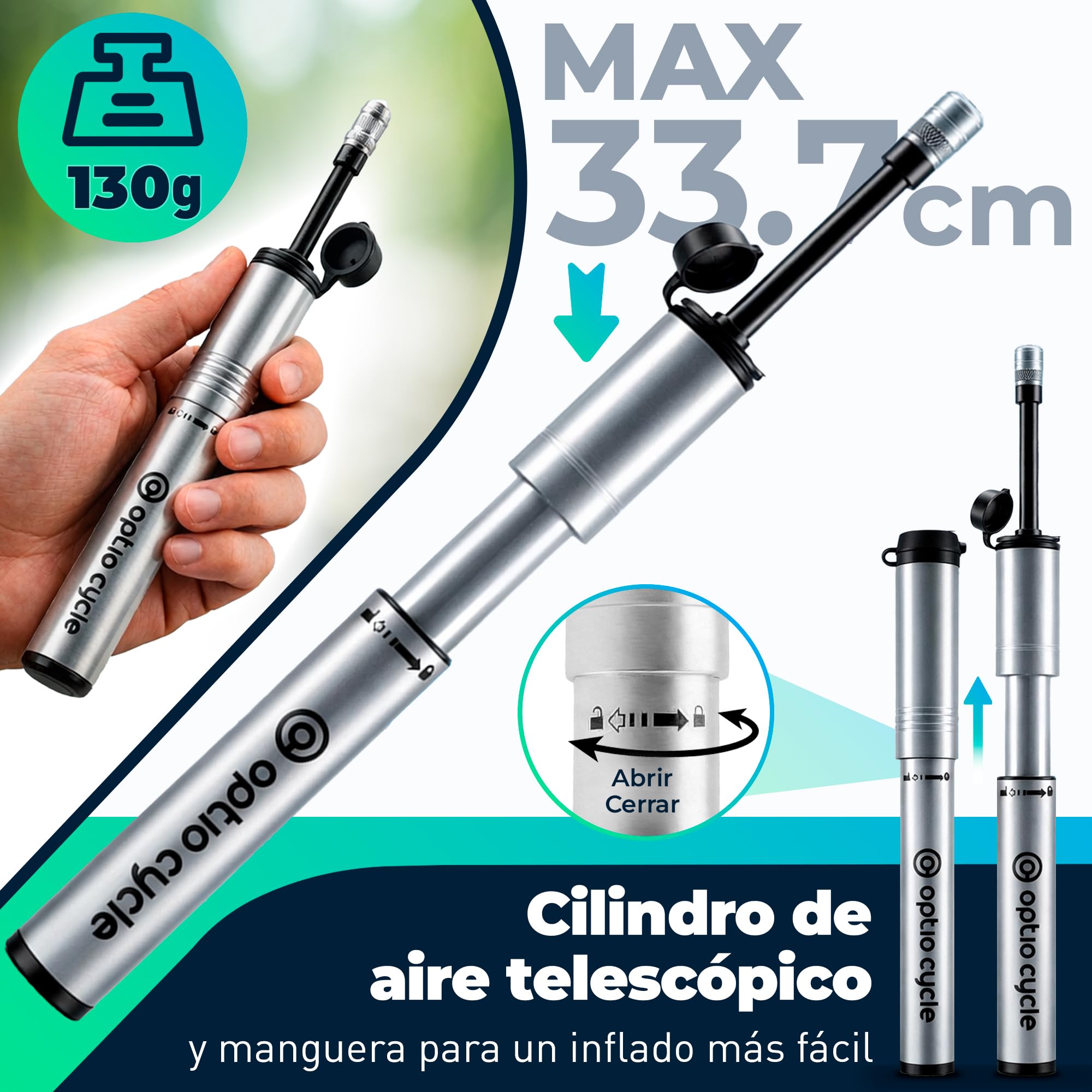 Mini Bomba Bicicleta con Manguera 120 PSI / 8,3 Bar – Inflador Bicicletas de Aluminio Portátil para Presta y Schrader | Mini Bomba de Aire Bicicleta Manual Compacto | Mancha, Hinchador MTB