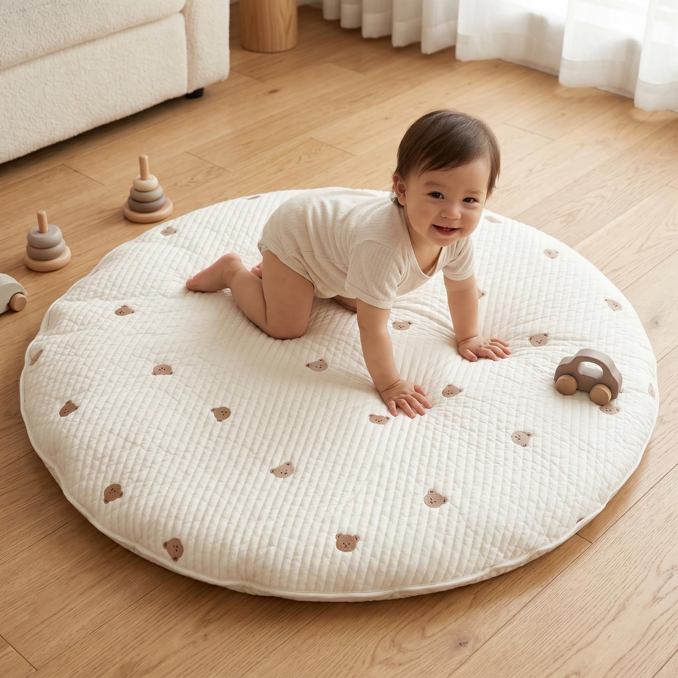 Faticenic Round Baby Play Mat, Thickened Cushion Crawling Mat With Bear & Rabbit Embroidery, Detachable Washable Nursery Rug, Crawling, Play Matt