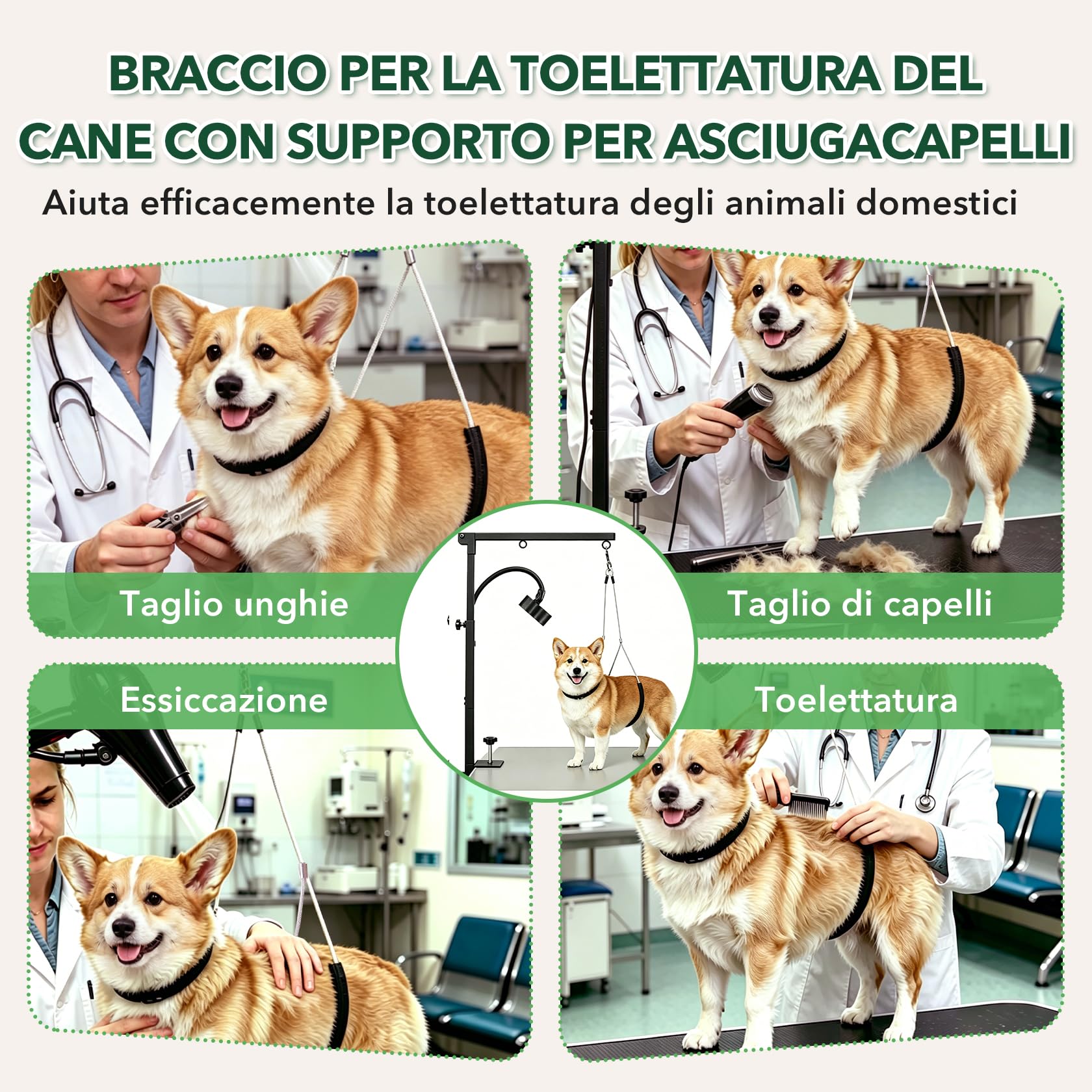 Pindex Braccio per Toelettatura Pieghevole con Morsetto, 29,13" – 40,94" (74–104 cm), con Supporto Asciugacapelli e Due Supporti Anti-Seduta per Cani Piccoli e Medi