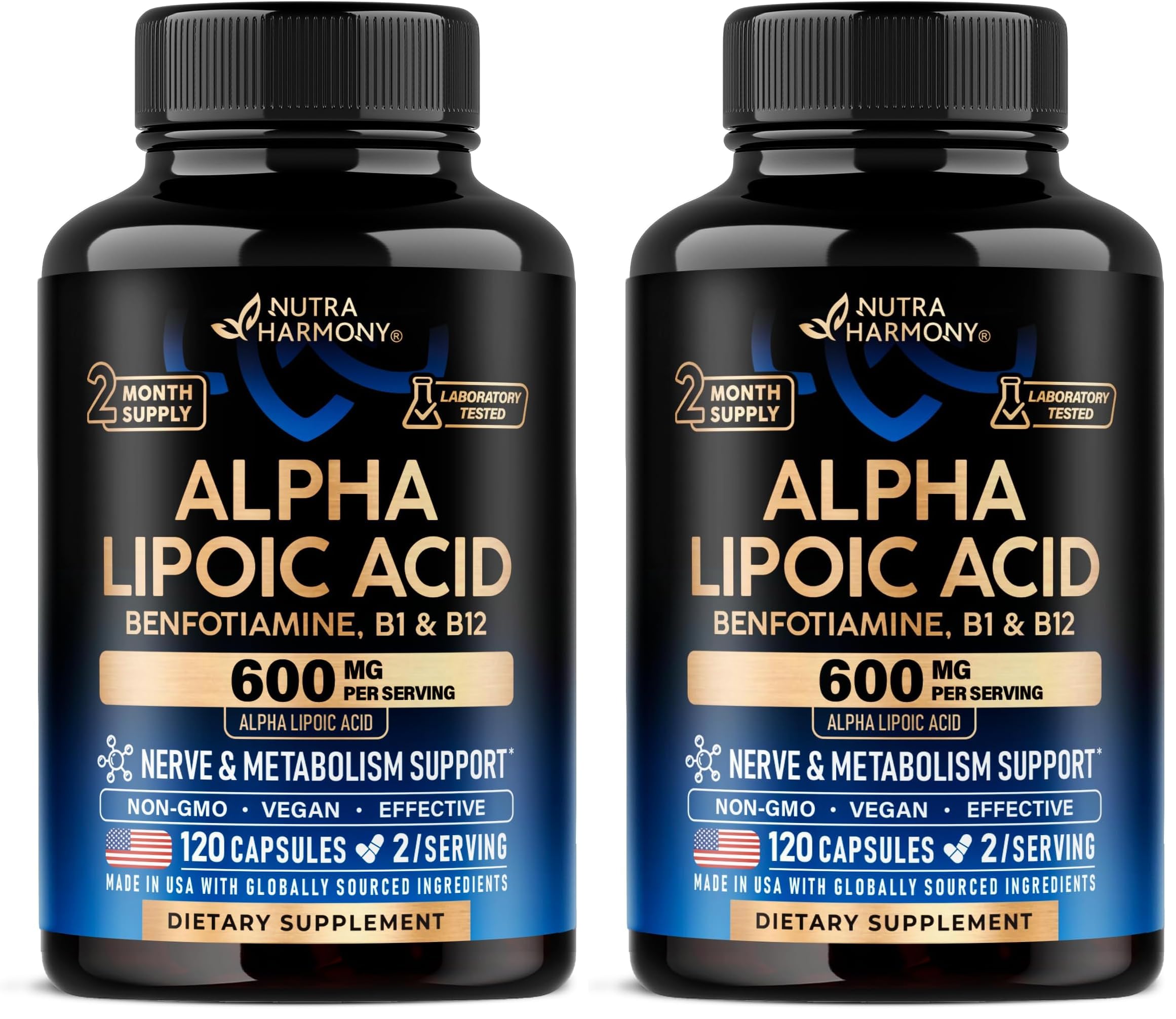 NUTRAHARMONY Alpha Lipoic Acid 600mg - ALA Supplement + Benfotiamine B1 & B12-120 Caps (Pack of 2) 120 Count (Pack of 2)