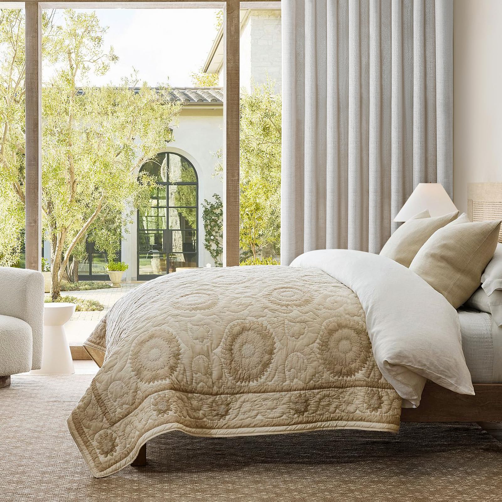Softalker Rideau Grande 300x250 cm en Lin Naturel Rideaux Voilage Salon Moderne Semi-Transparent Voile Rideau à Oeillets Décoration de Fenetre Chambre Enfant Cuisine Balcon Dressing Extérieur,Lot de 1