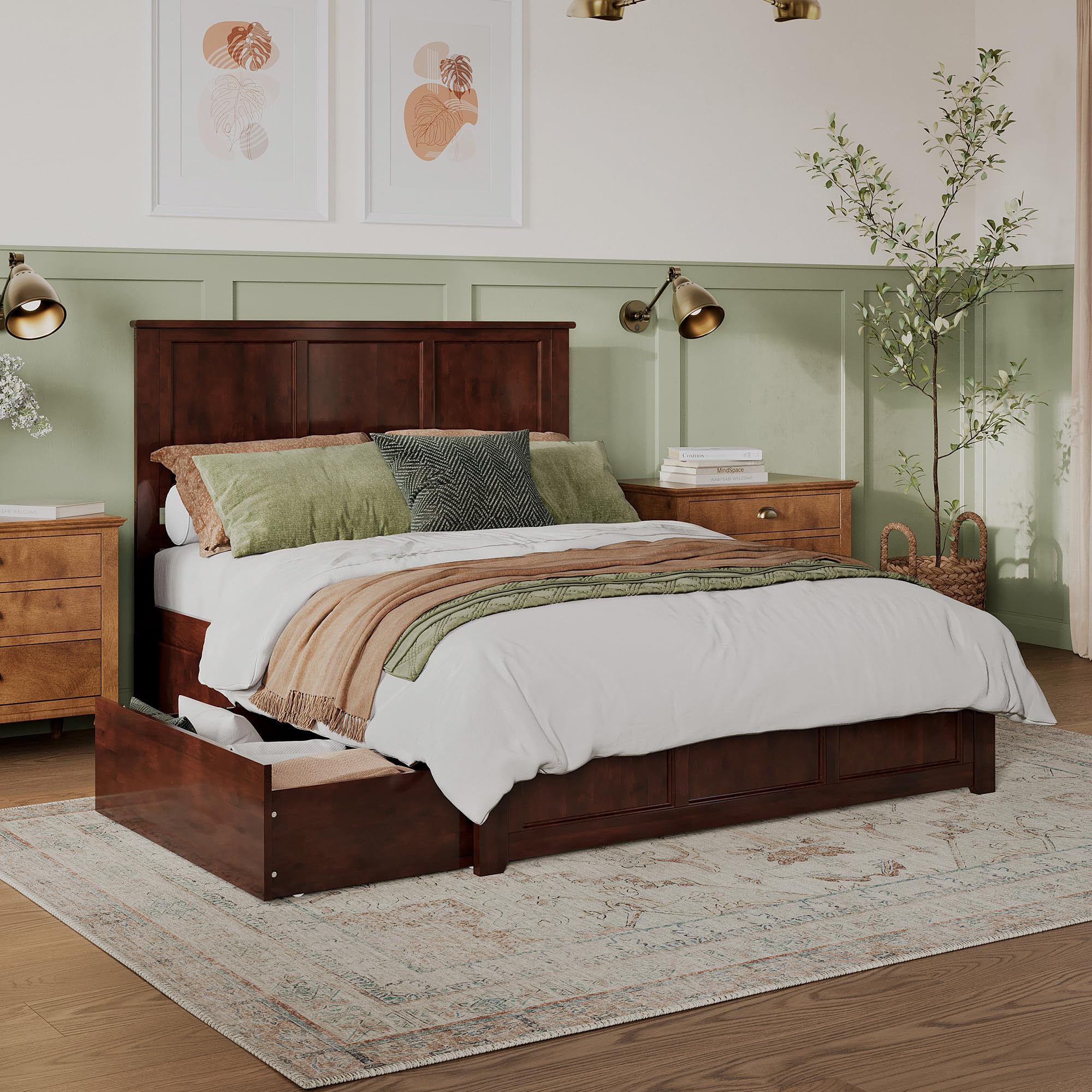 Atlantic Furniture AR8646114 Madison Platform Bed with Matching Foot Board and 2 Urban Bed Drawers, Queen, Walnut