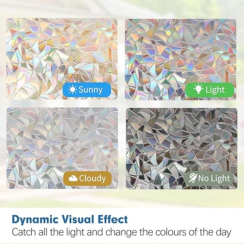 Miniatura 7 de Niviy Película de privacidad para ventana de arco iris, vinilo decorativo 3D, no adhesivo, extraíble, para sala de estar, cocina, oficina, 11.8 x