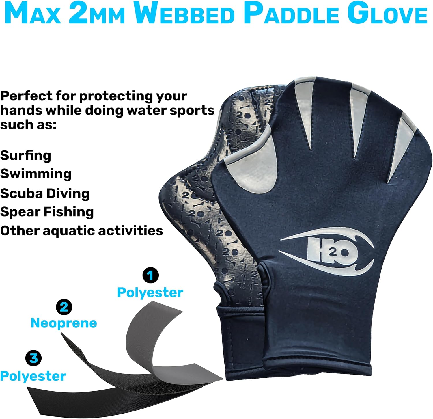H2ODYSSEY Paddle Gloves - Webbed Gloves with Velcro Strap - Sticky PVC Palm Grip - Thermal Dive Gear to Keep Hand Warm - for Surfing, Diving and Swimming