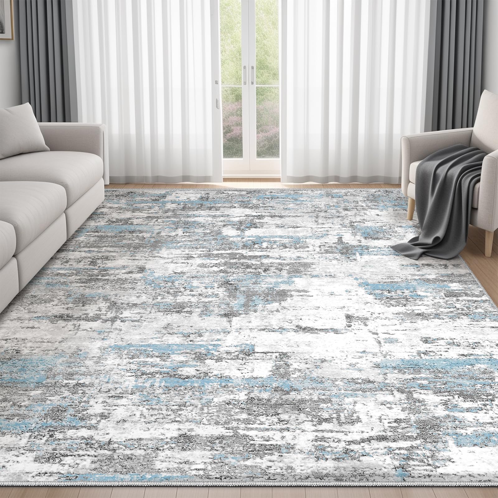 Area Rug Living Room Rugs 6x9: Modern Neutral Abstract Aesthetic Rug for Bedroom Dining Room Table - Large Soft Stain Resistant Machine Washable Rug, Indoor Home Office Carpet - Blue Grey