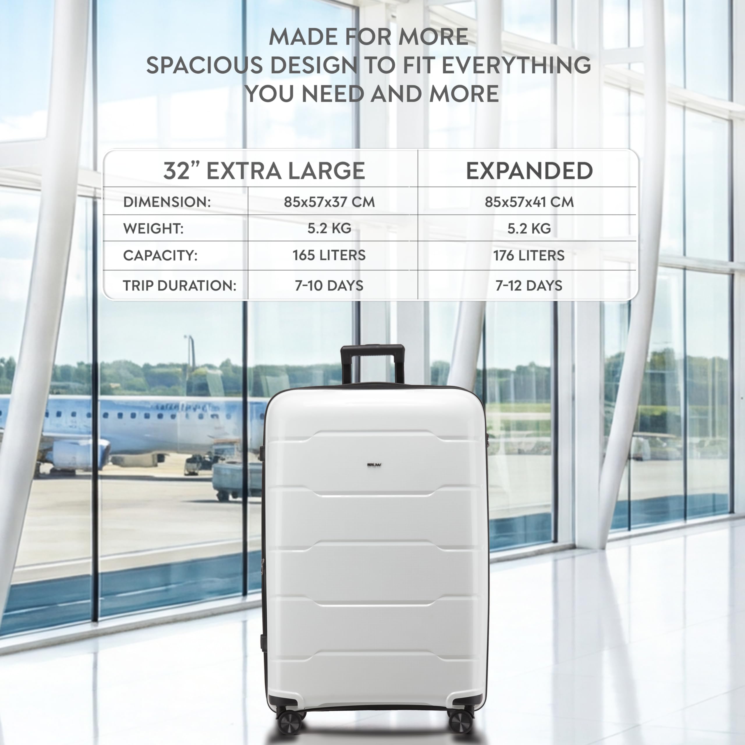 CRUW Extra Large 32" Checked Luggage 85x57x37cm + Expandable Hold Baggage (165/176 Liters) Polypropylene Suitcase TSA Approved Lock 8 Silent Spinner Wheels Lightweight Suitcases Airline Travel