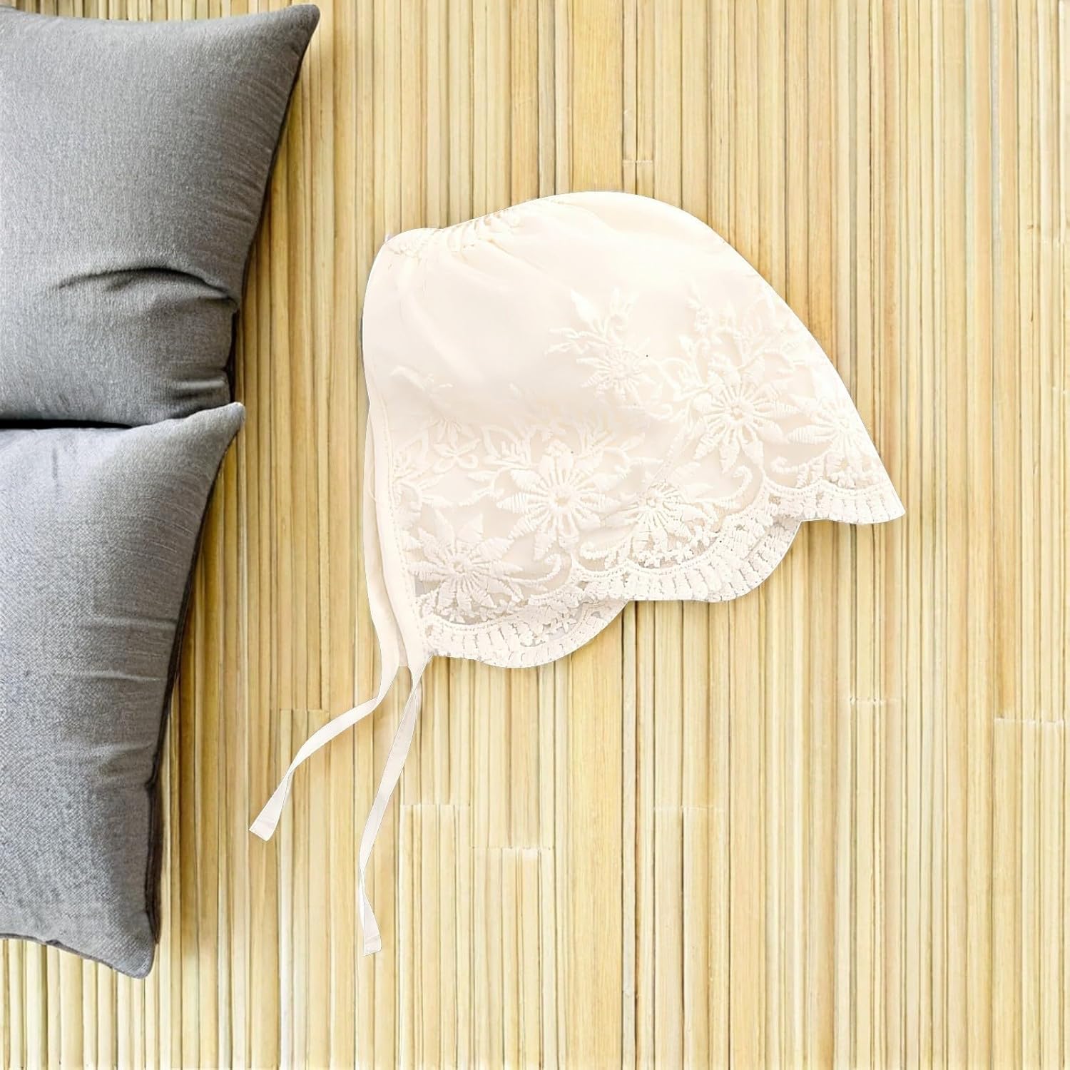 2pcs Girl Lace Bonnet for Baptism, Newborn Summer Hat Beige