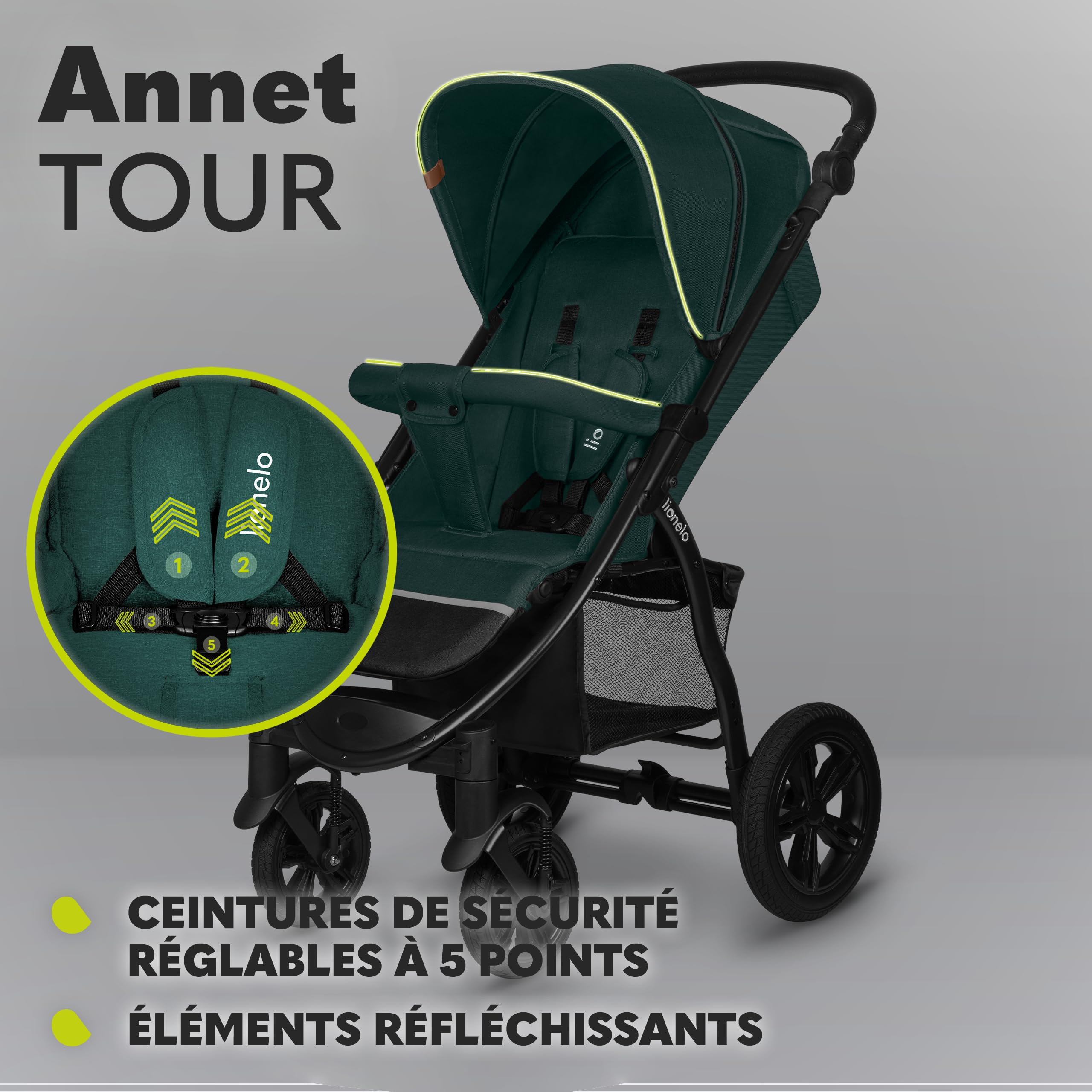 LIONELO Annet Tour poussette canne universelle jusqu'à 22 kg, réglage du dossier jusqu’à la position allongée, roues sans entretien, auvent imperméable XXL, ceintures à 5 points (vert)