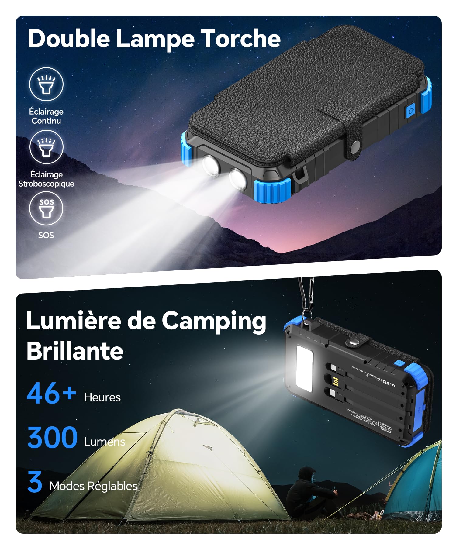 Chargeur Solaire 20000mAh avec 4 Panneaux Solaires, USB C 15 W Charge Rapide, 5 Sorties et 3 Câbles, Batterie Externe Solaire pour l'extérieur avec Mousqueton et Lampes de Poche pour Téléphones