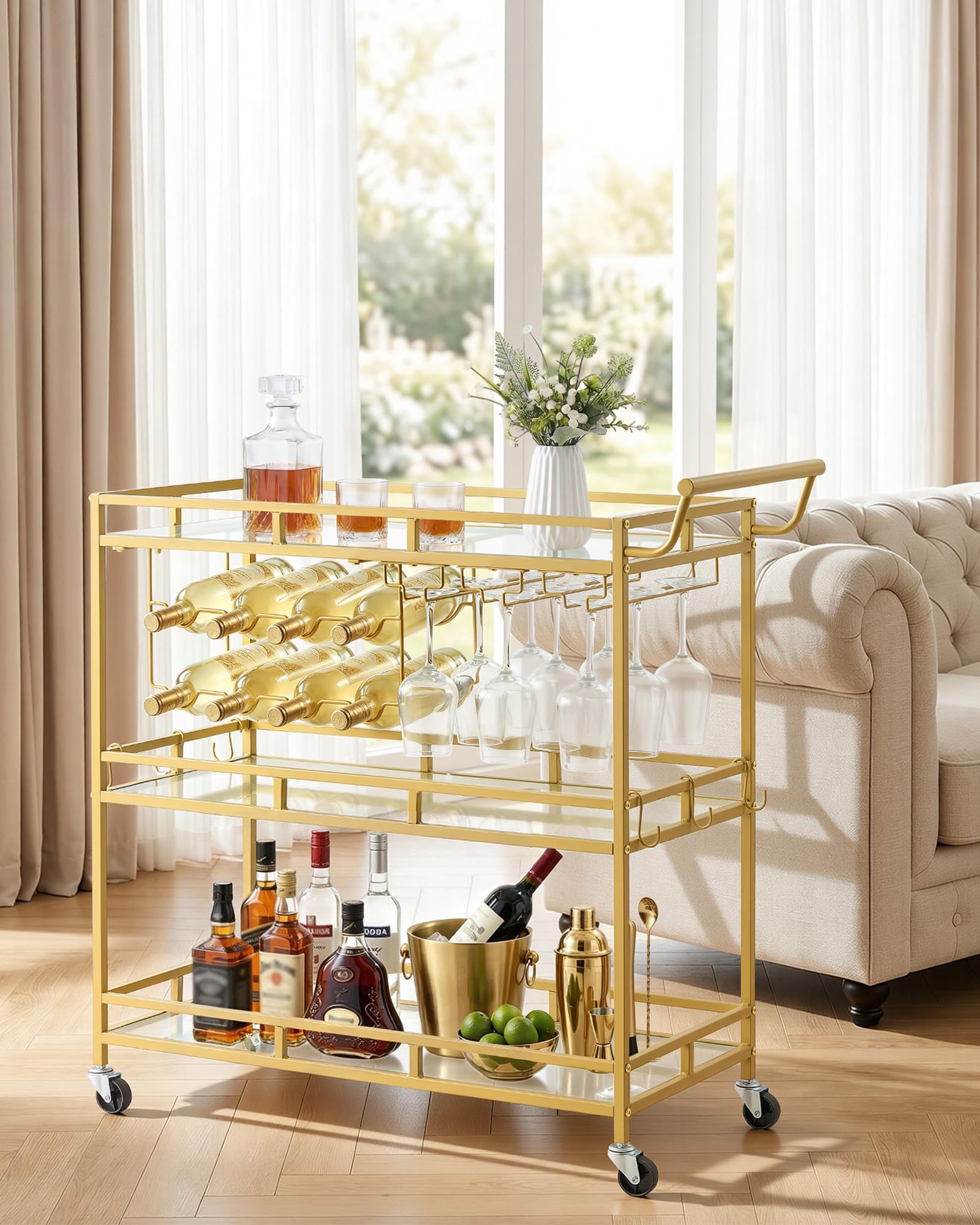 VEVOR Carro de Bebidas con Botellero de 3 Niveles, Carrito de Servicio con Ruedas y Asa, Estantes de Vidrio Espejado, Soporte para Copas, para Sala de Estar, Comedor, Cocina, 88x38x89 cm, Dorado