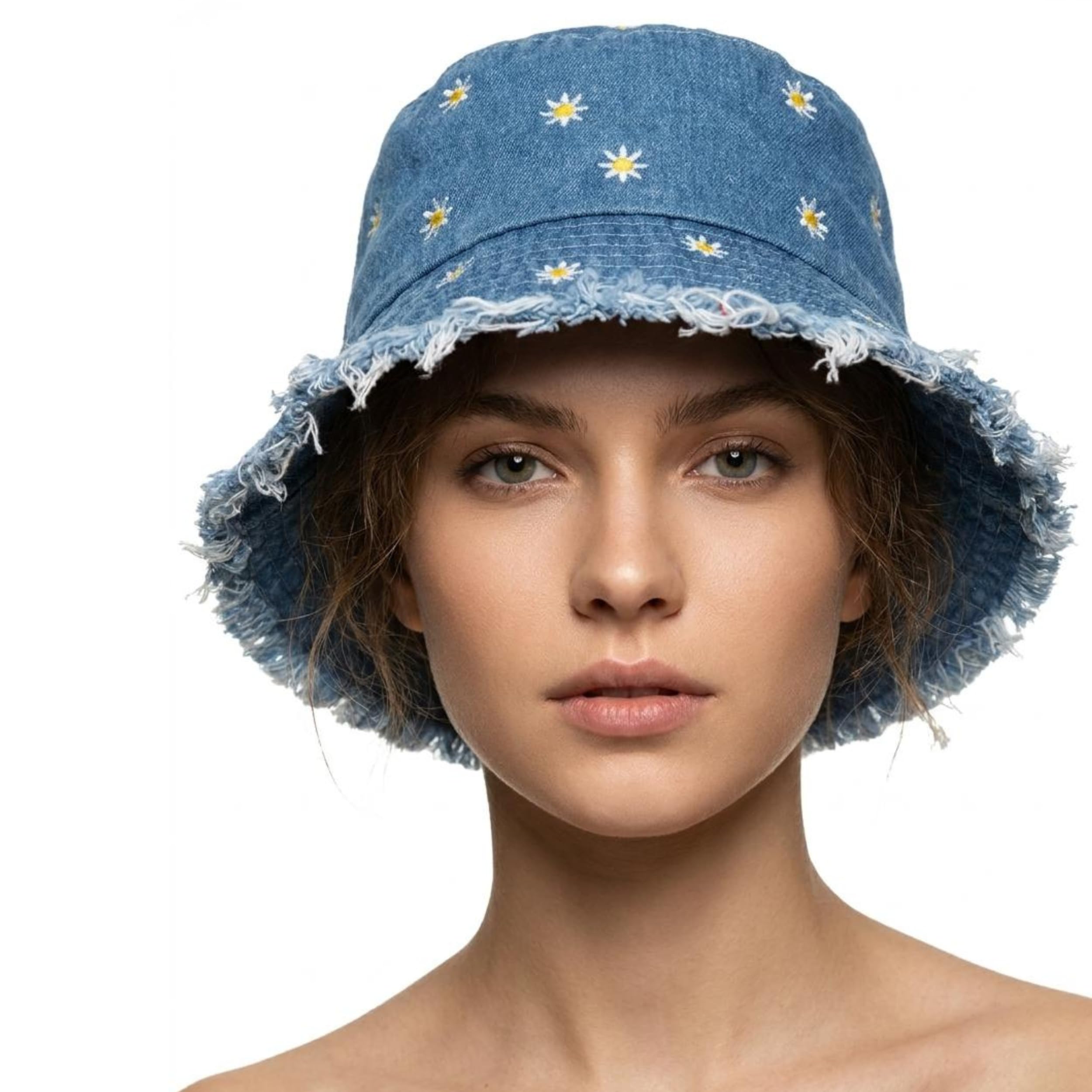 Denim Bucket Hat for Women & Girls | Embroidered Daisy Floral Sun Hat with Trendy Frayed Edge Brim | Packable Retro Beach Wear & Summer Travel Cap, Free Size, Blue-image-39