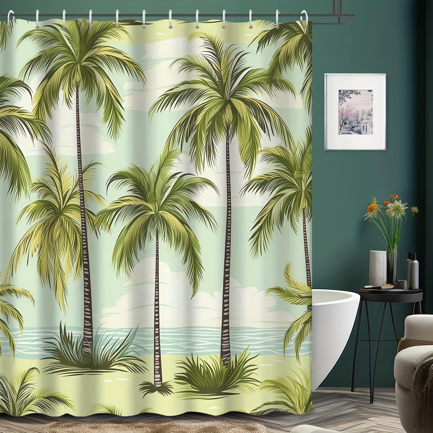 GLKSDLPO 1pc Cartoon Beach Summer Vacation Palm Tree Coconut Grove Landscape Printed Shower Curtain Hotel Apartment Bathroom(90x203cm/35x80in(WxH))