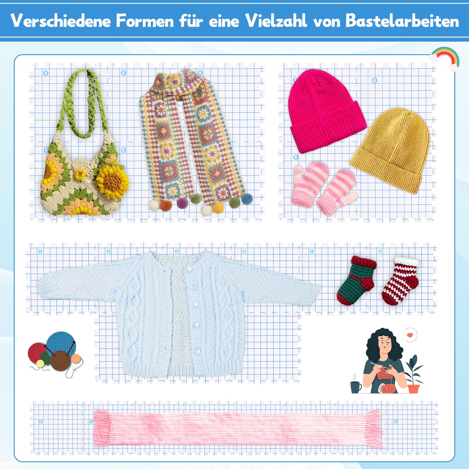 Lot De 9 Tapis De Blocage Tricot & Crochet + 200 Aiguilles T - Idéal Granny Squares & Dentelle