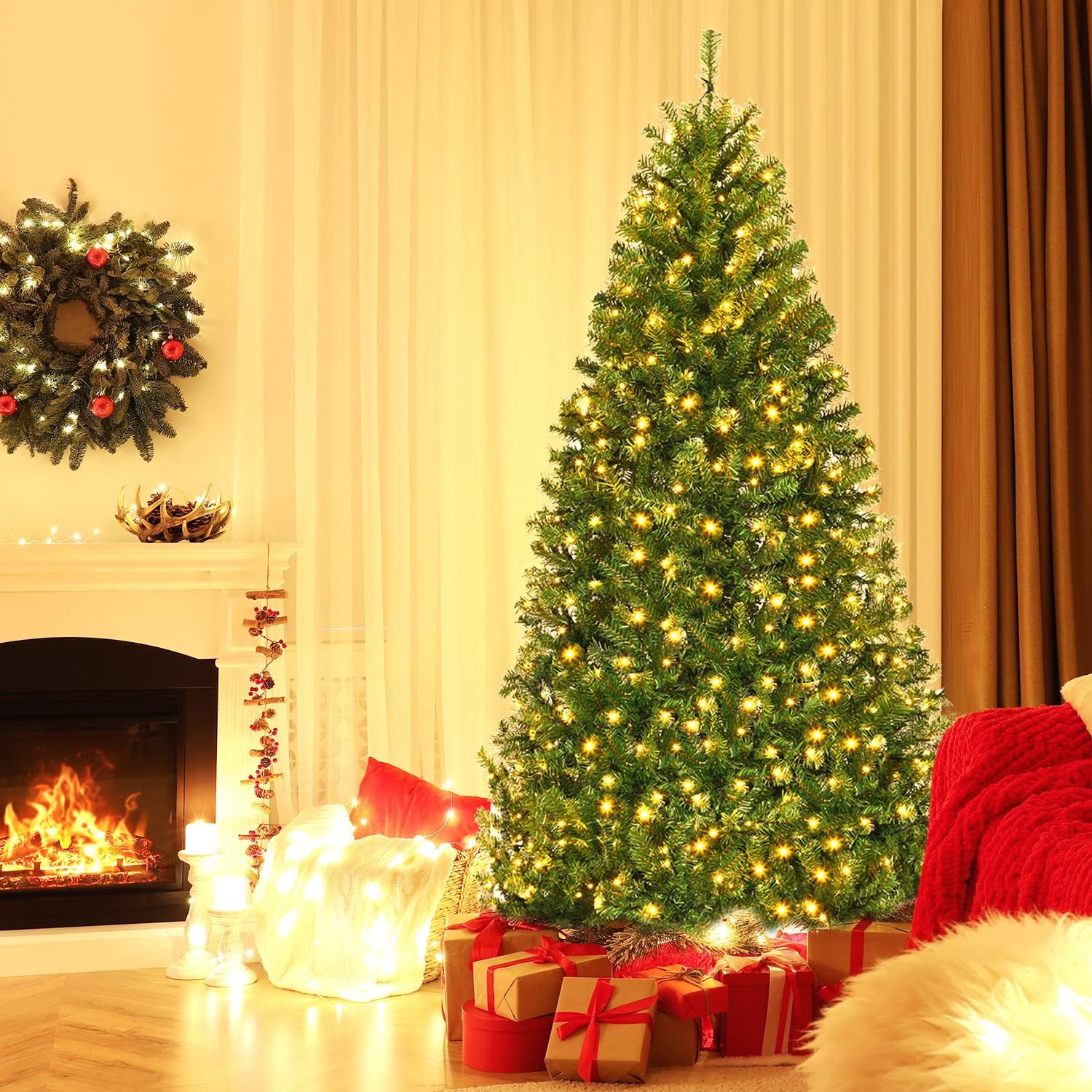 RELAX4LIFE Albero di Natale 180 cm, Artificiale Illuminato, Albero di Natale Illuminato in PVC, con Luce LED e Supporto in Metallo, Verde, Vari Dimensioni