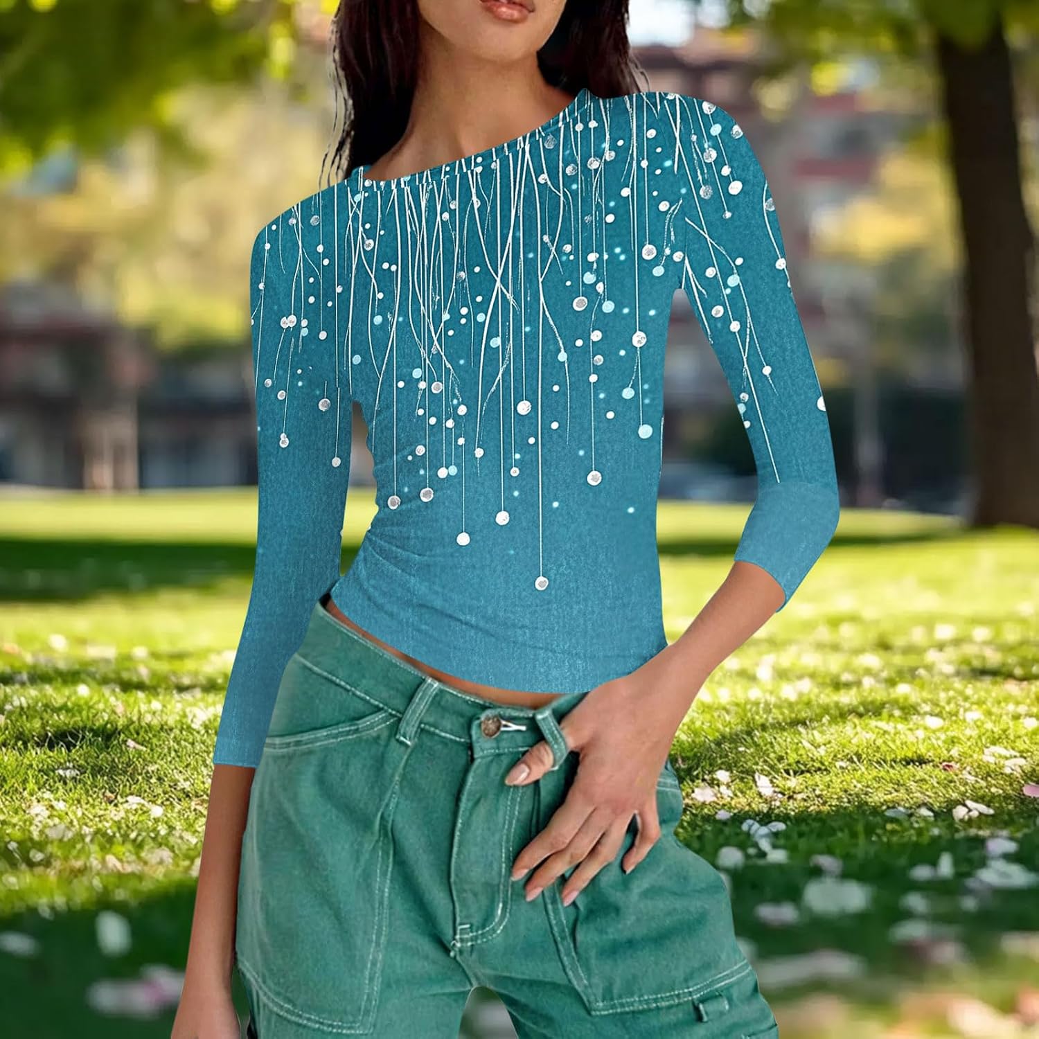 Boho Floral Tops for Women Basic Slim Fit Long Sleeve Shirt Crewneck Crop Top Y2K Tight Tee Shirt Workout Yoga Blouses