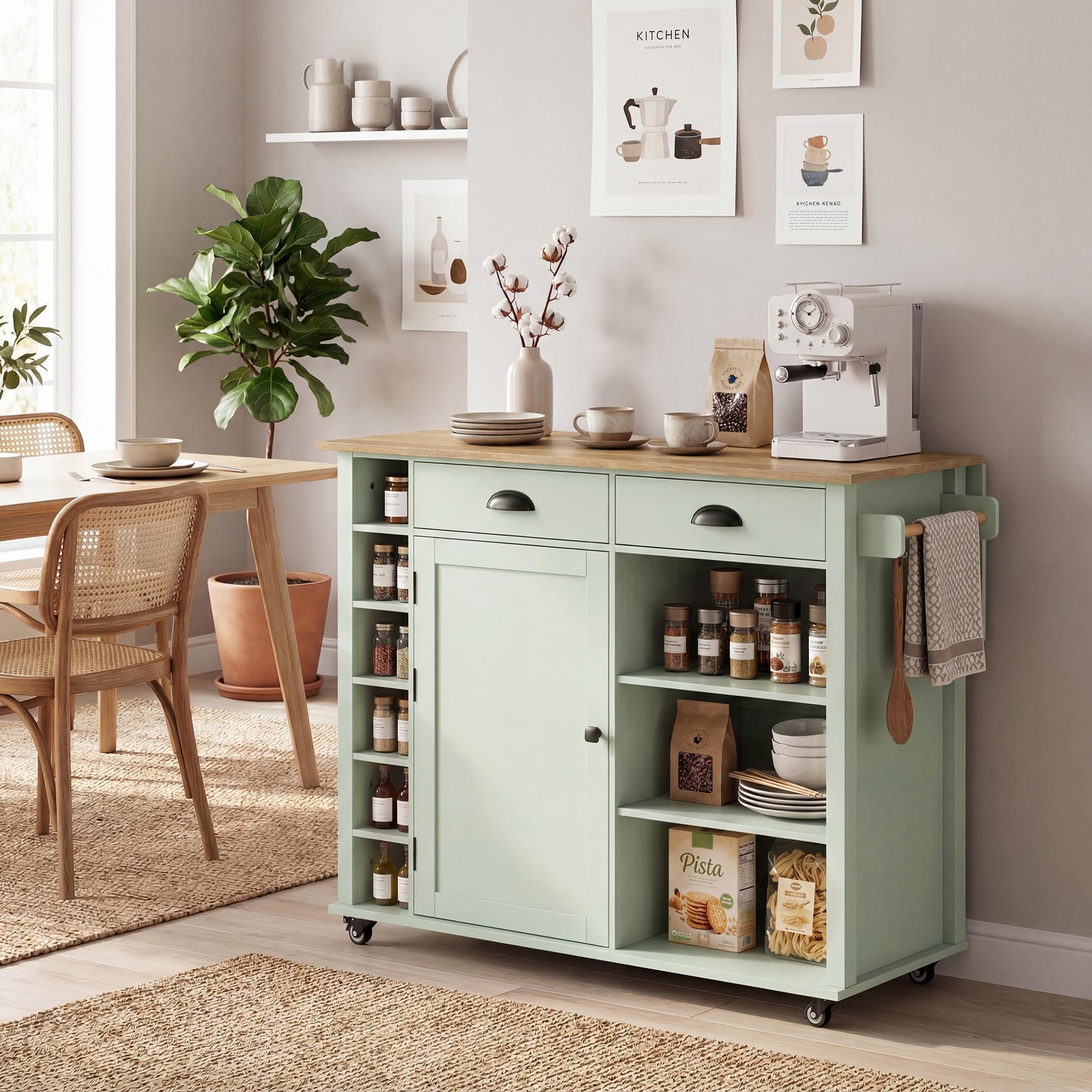 HOMCOM Îlot Central Cuisine avec Plateau Pliant, Desserte de Cuisine sur roulettes avec Placard, 2 Tiroirs, Porte-Serviettes, Étagère Réglable, Compartimentss Ouverts, 117,5 x 70 x 91 cm, Vert Clair