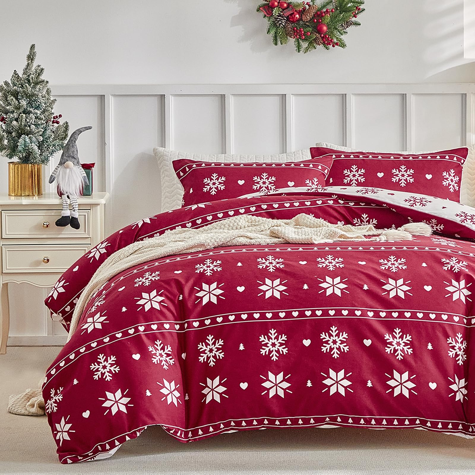 Lekesky Christmas Red Duvet Cover Queen Size 3-Piece, Snowflake