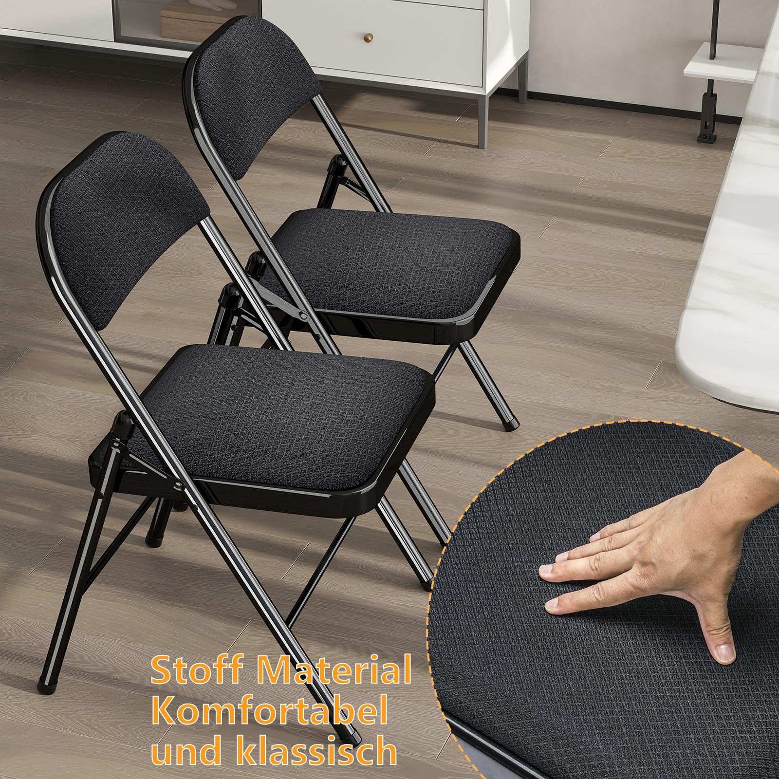 Campingstuhl 4er Set Gartenstühle, Metallstühle mit bequemer Rückenlehne und stabilem Stahlgestell, Klappstuhl Camping für Heim und Büro, Stühle für Indoor und Outdoor Events, Schwarz