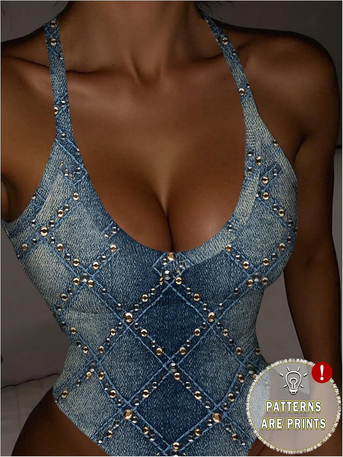 SweatyRocks Women's Low Cut Denim Print Bodysuit Sexy Spaghetti Strap Date Night Body Suit Leotard Tops