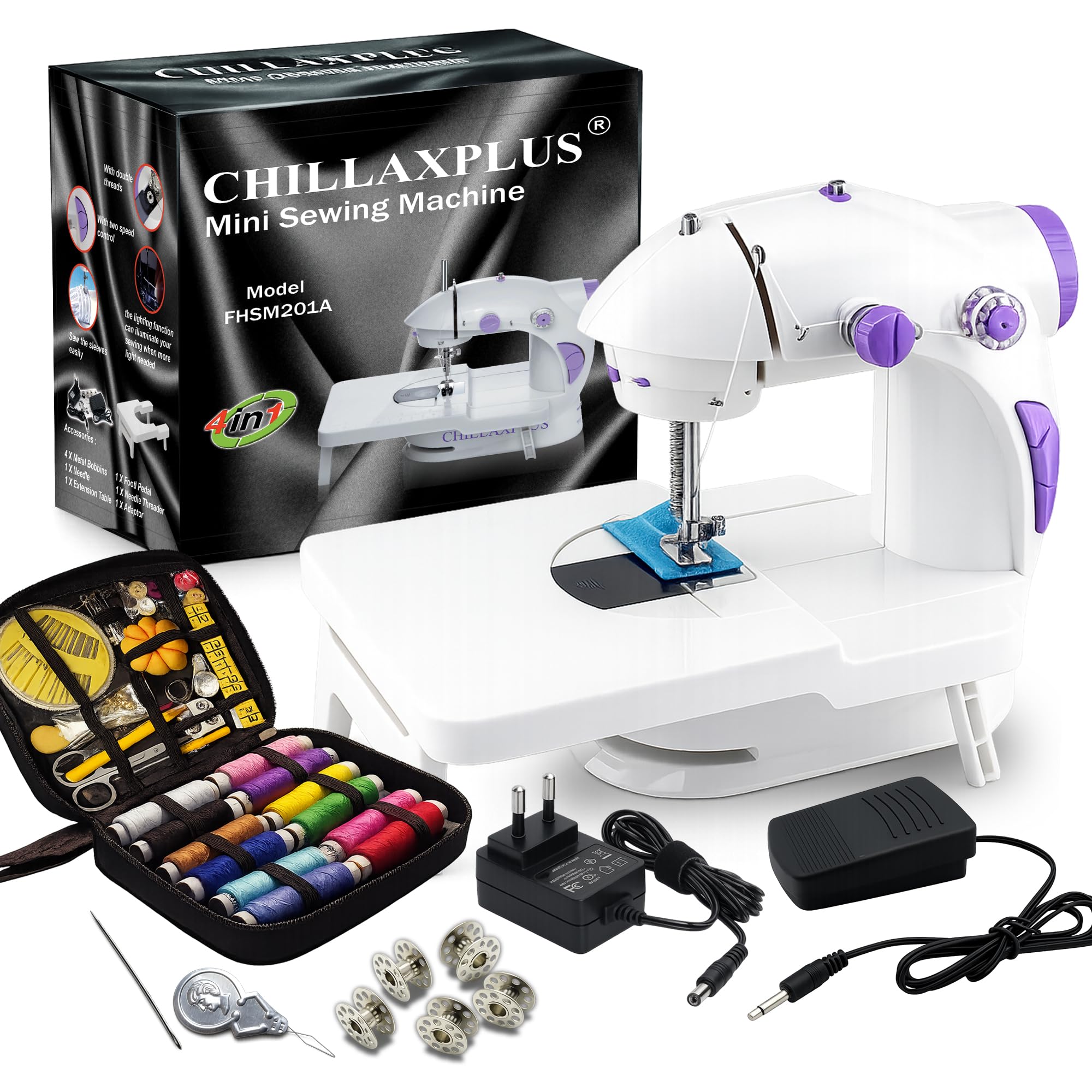 Sewing Machine with 12 Threads Sewing Kit and Table, Portable Stitching Machine with Foot Pedal, Mini Silai Machine, White