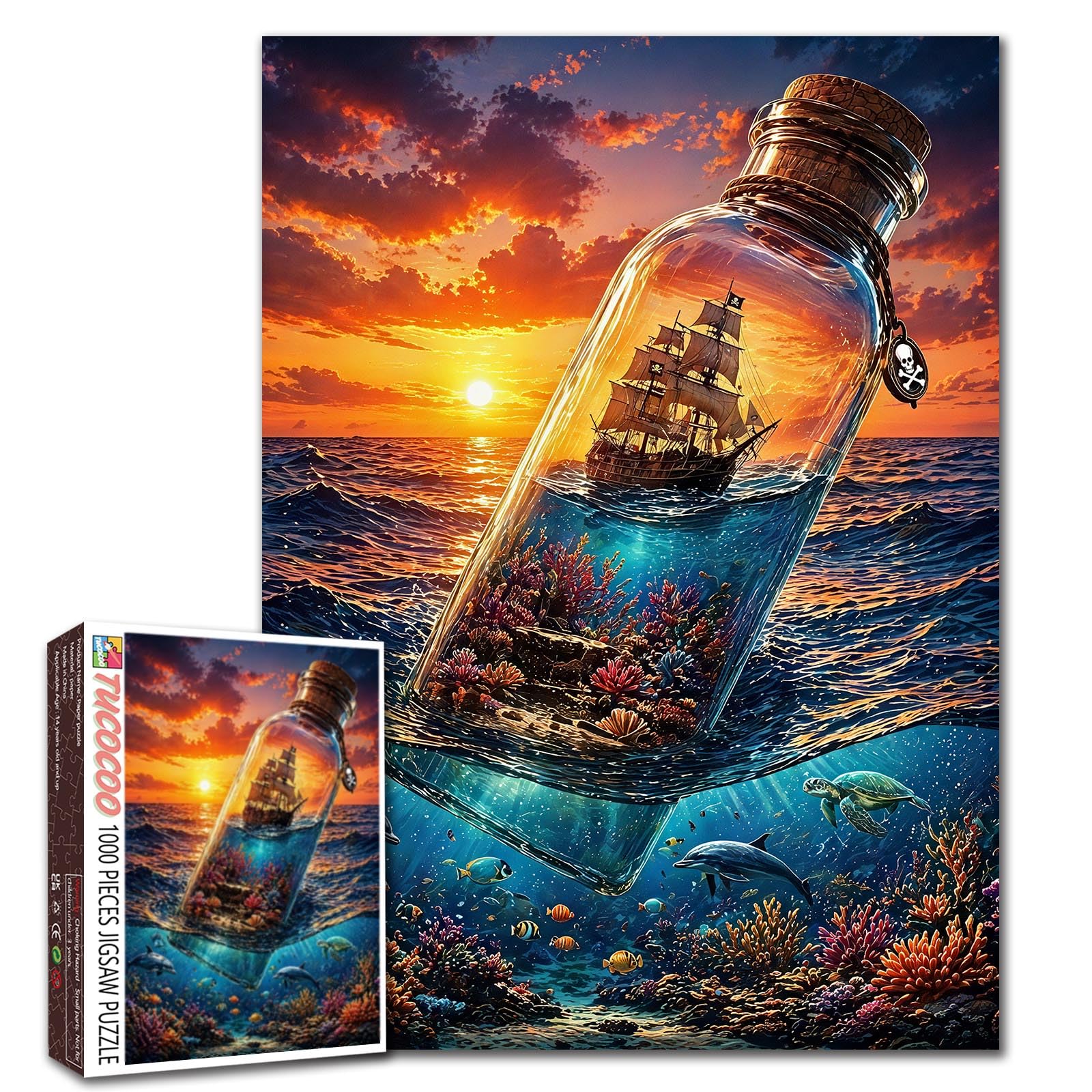 Seaview Jigsaw Puzzle Underwater Sailboat in Glass Bottle Scene Puzzle 1000 Piece for Adults Colorful Ocean Sunset Picture Artwork Relaxing Challenging Fun Puzzles 19.7 x 27.6 Inches Gift Home Decor