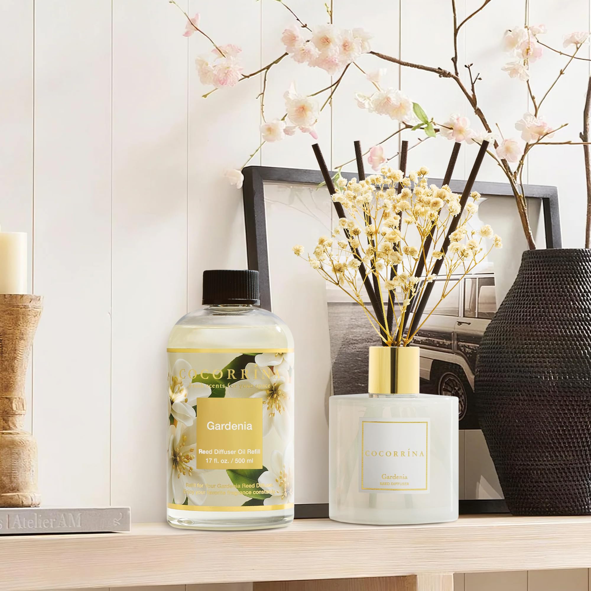 COCORRÍNA Ricarica Diffusore Ambiente 500ml con 8 Bastoncini, Gardenia, Profumo Lungo Durata con Oli Essenziali Naturali, Camera da Letto e Bagno