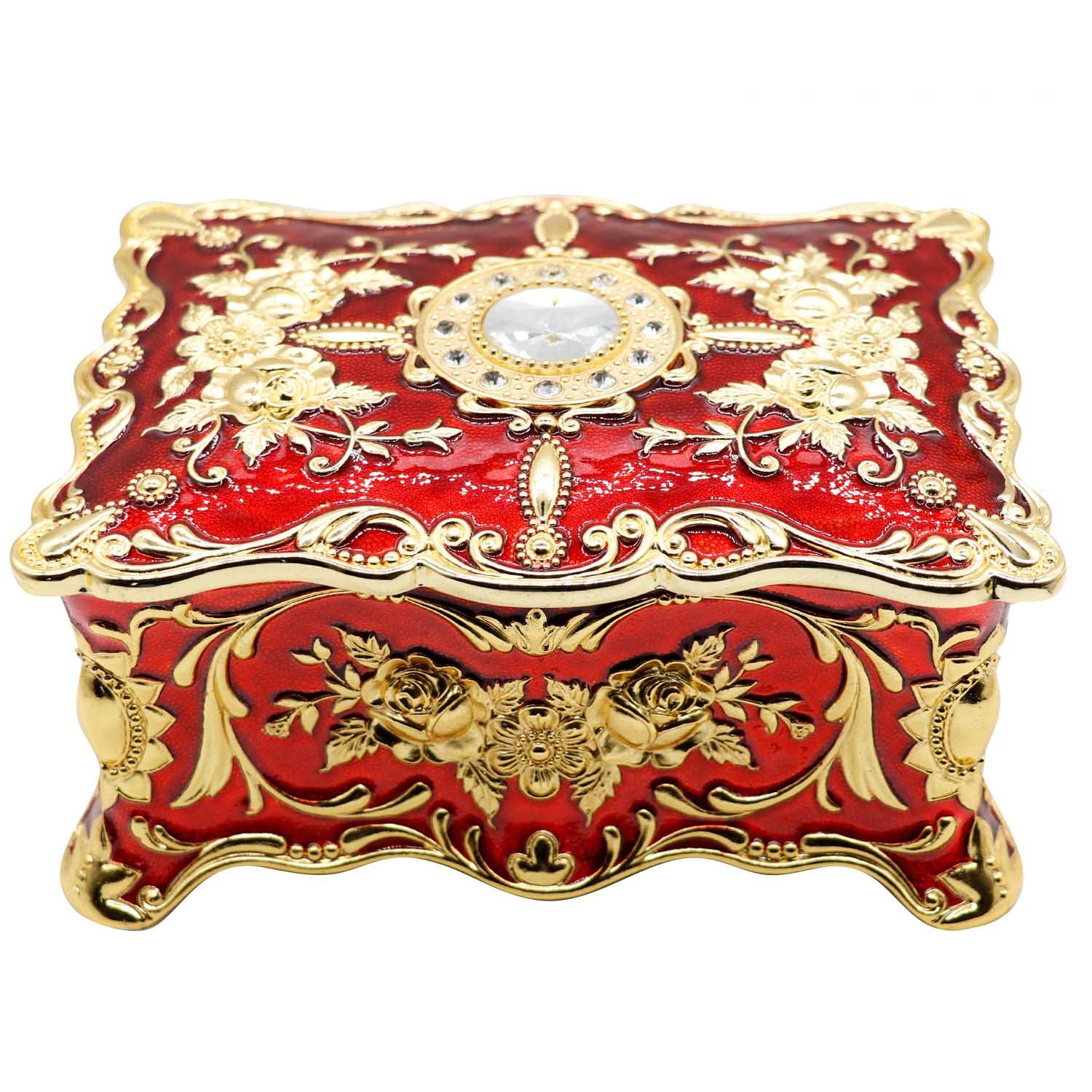 Luxury Vintage Rectangle Metal Alloy Jewelry Box Trinket Organizer Storage Box with Rose Pattern for Women Girls Two-Layer