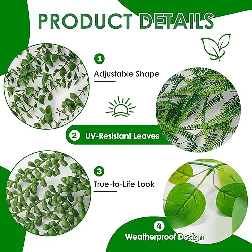 Miniatura 3 de Der Rose 4 paquetes de plantas falsas colgantes con macetas, hiedra artificial, vid de eucalipto sintético, helecho boston, cadena de perlas para el