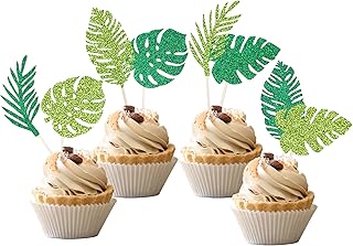 24 PCS Tropical Palm Leaves Cupcake Toppers Green Glitter Hawaii Luau Cupcake Picks Plant Leaf Summer Tropical Theme Birth...