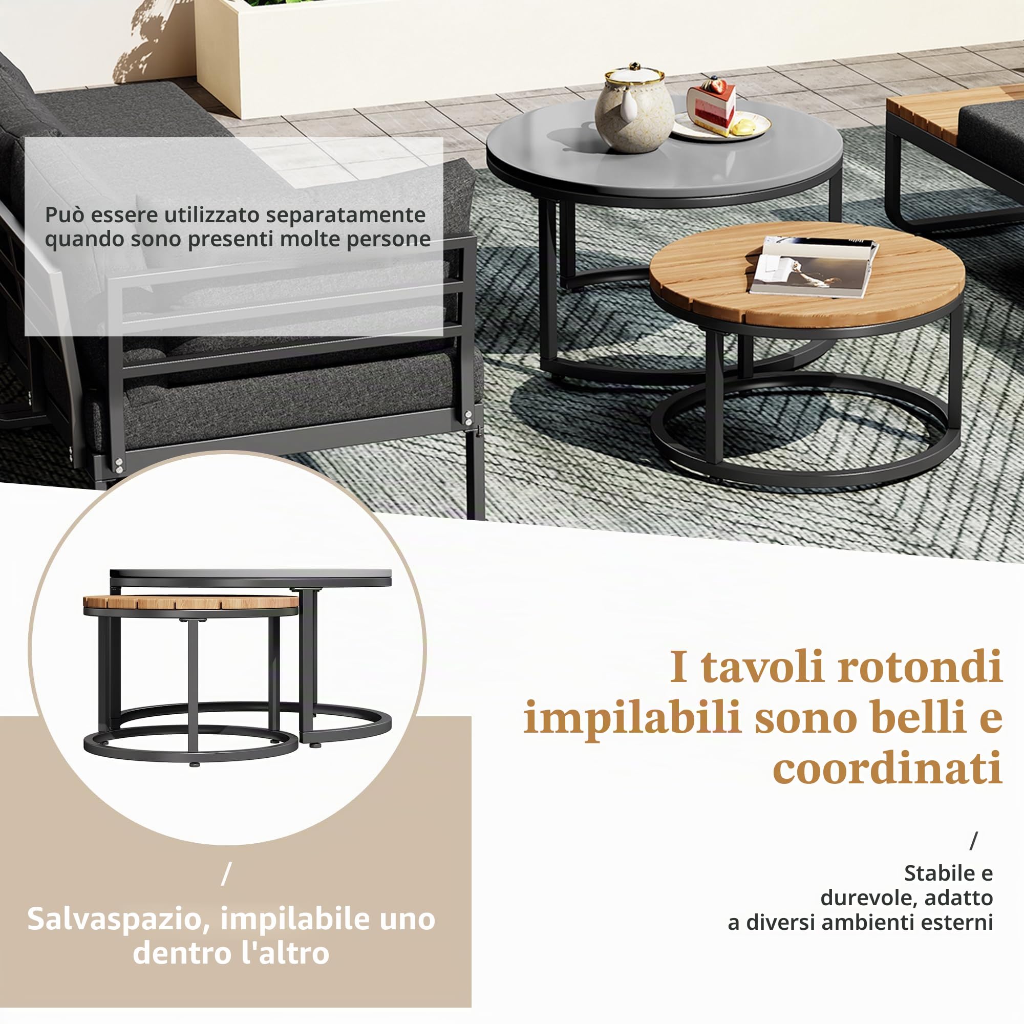 Set di mobili da giardino Sitzgruppe per 4-5 persone, divano da giardino con gambe regolabili, 2 tavolini impilabili, cuscini e rivestimenti grigi inclusi, set di sedute da giardino per giardino
