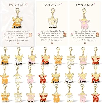 Kenning 24 Set Pocket Hugs Highland Cow Keychain Gifts Bulk, Positive Small Charm Pocket Size Inspirational Gifts with Motivational Cards for Highland Cow Party Favors