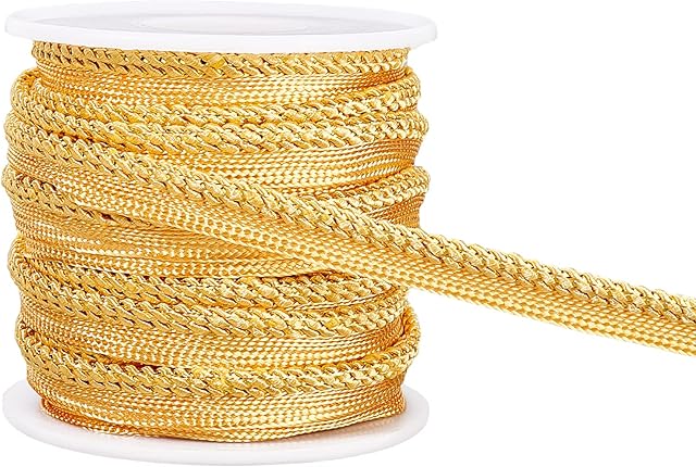 BENECREAT 10 Yard/9m Metalic Gold Cord-Edge Piping Trim (10mm) Gold Flat Filigree Ribbon Braid for Dress Costume Sewing, Home Textile Decoration