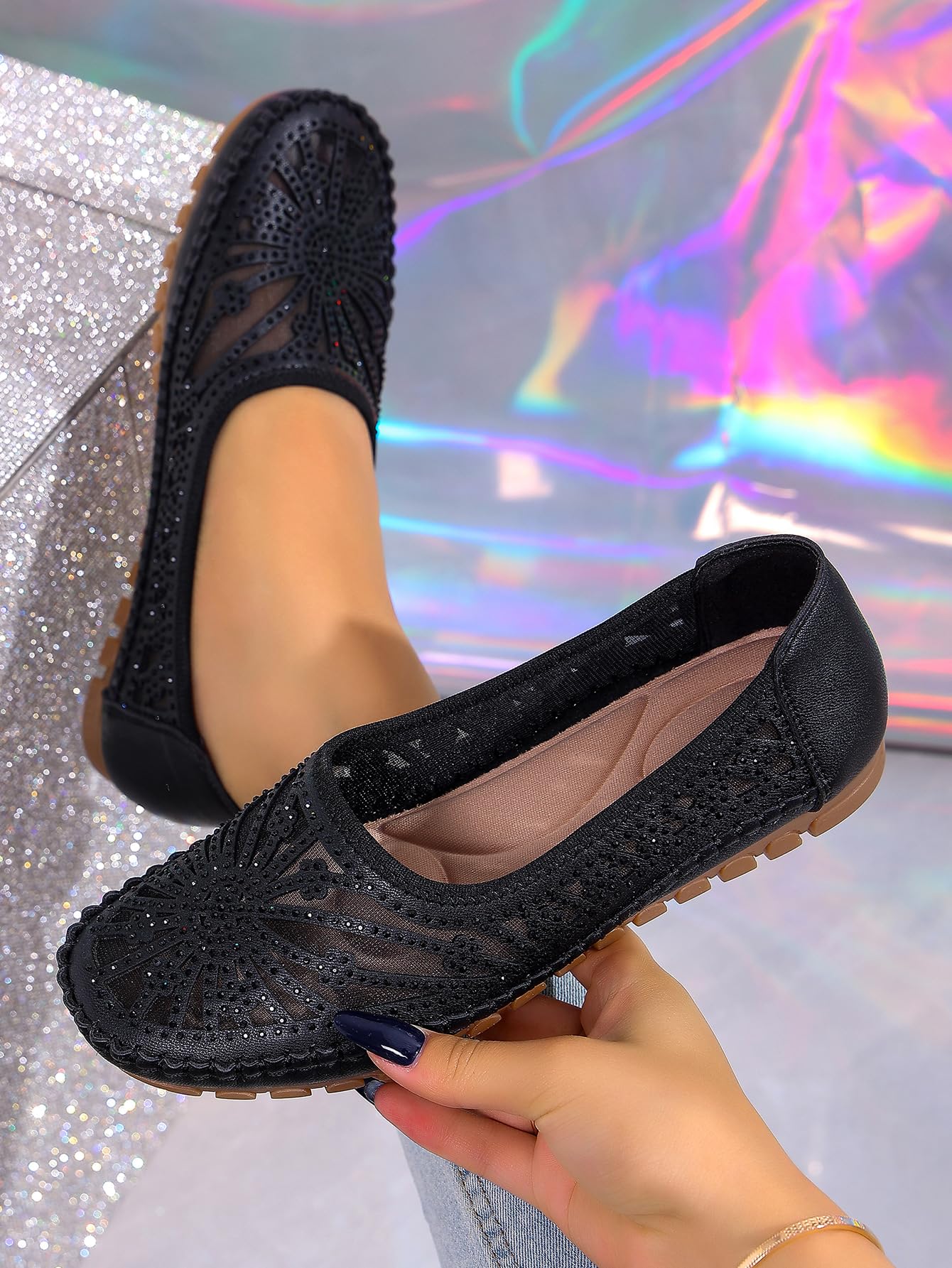Damen-Slipper mit Strasssteinen, ausgehöhlt, atmungsaktiv, flach | Damen-Slipper mit Blumenmuster, atmungsaktiv, flach, stilvoll und leicht, orthopädische Lederschuhe, elegante Wanderschuhe
