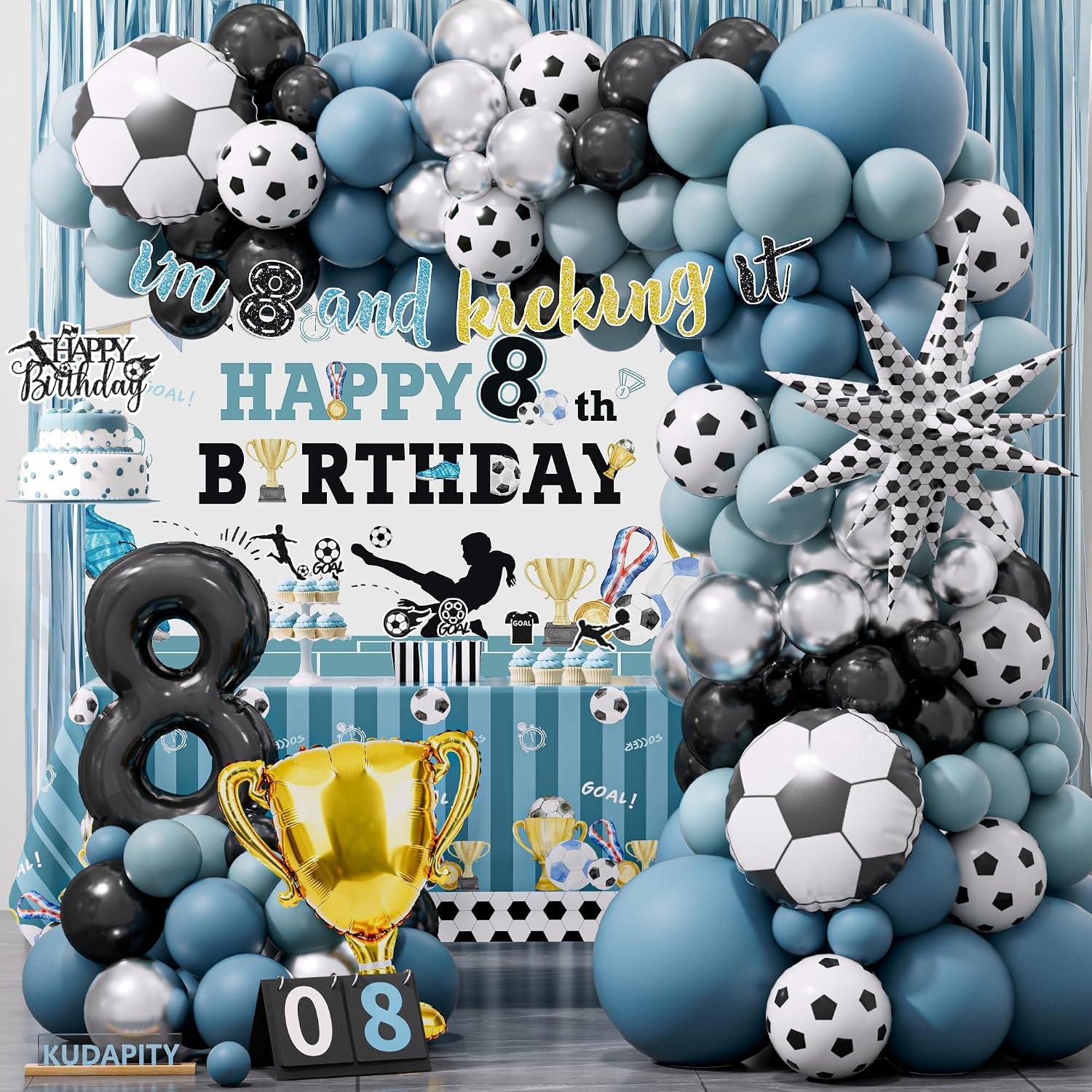 Soccer 8th Birthday Party Decorations Kit for Boys Soccer Birthday Party Supplies Set Soccer Football Party Decor with Backdrop Tablecloth Cake and Cupcake Toppers for 8-Year-Old Kids Boys Party Decor