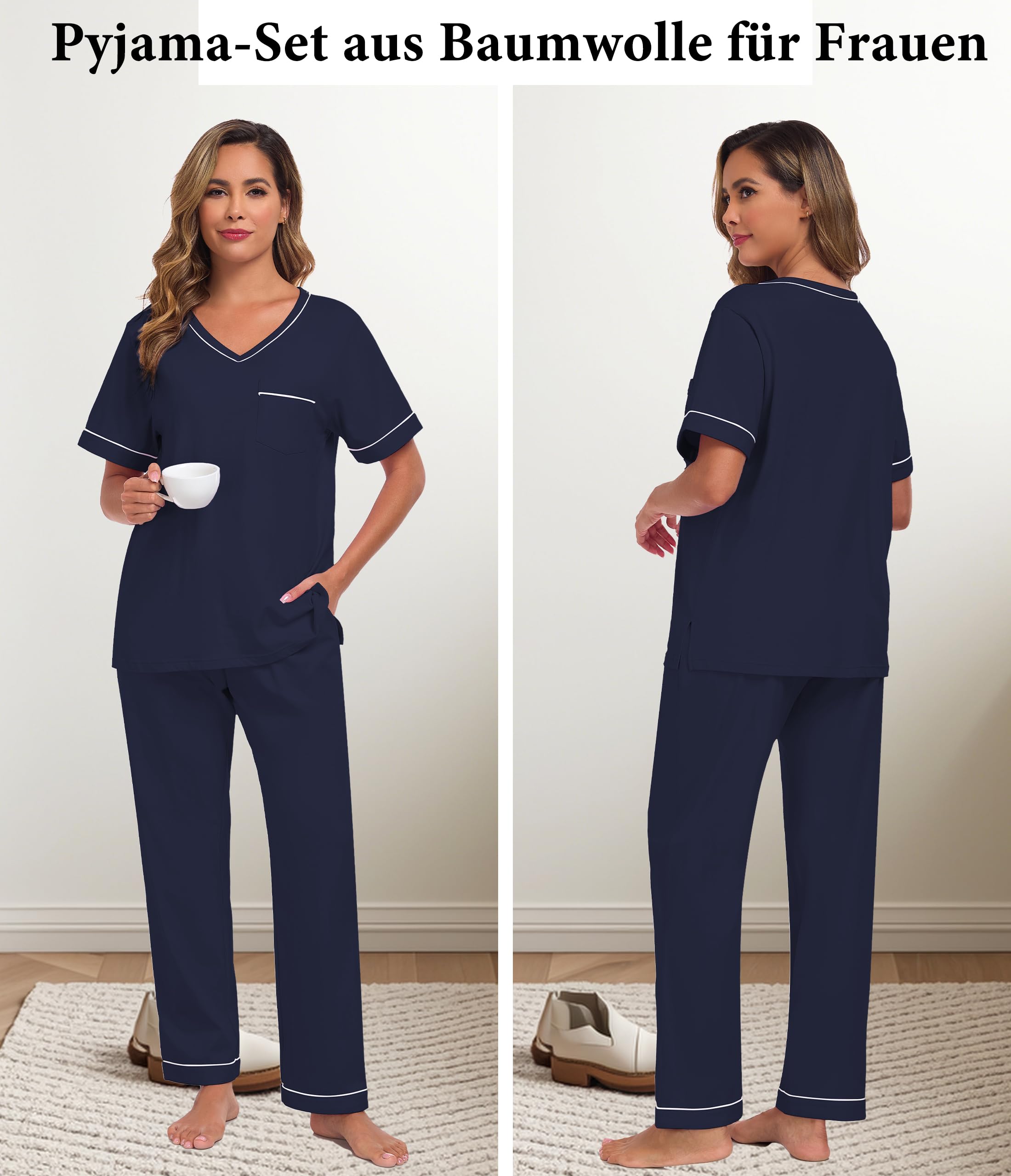 COLORFULLEAF Pyjama 2 pièces 100 % coton pour femme - Col en V - Manches courtes - Pantalon long
