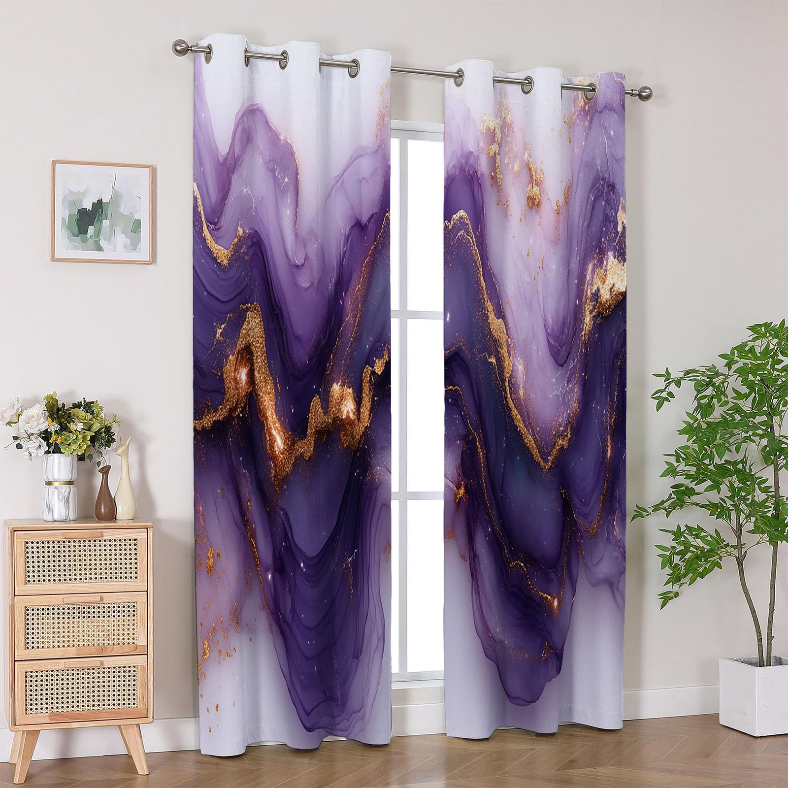 Verdunkelungsvorhänge Abstrakter, Luxuriöse purpurne Fließgold-Textur Moderne Kunstmalerei, Vorhang für Wohnzimmer, Schlafzimmer-H180 x B140 cm (2er Pack)