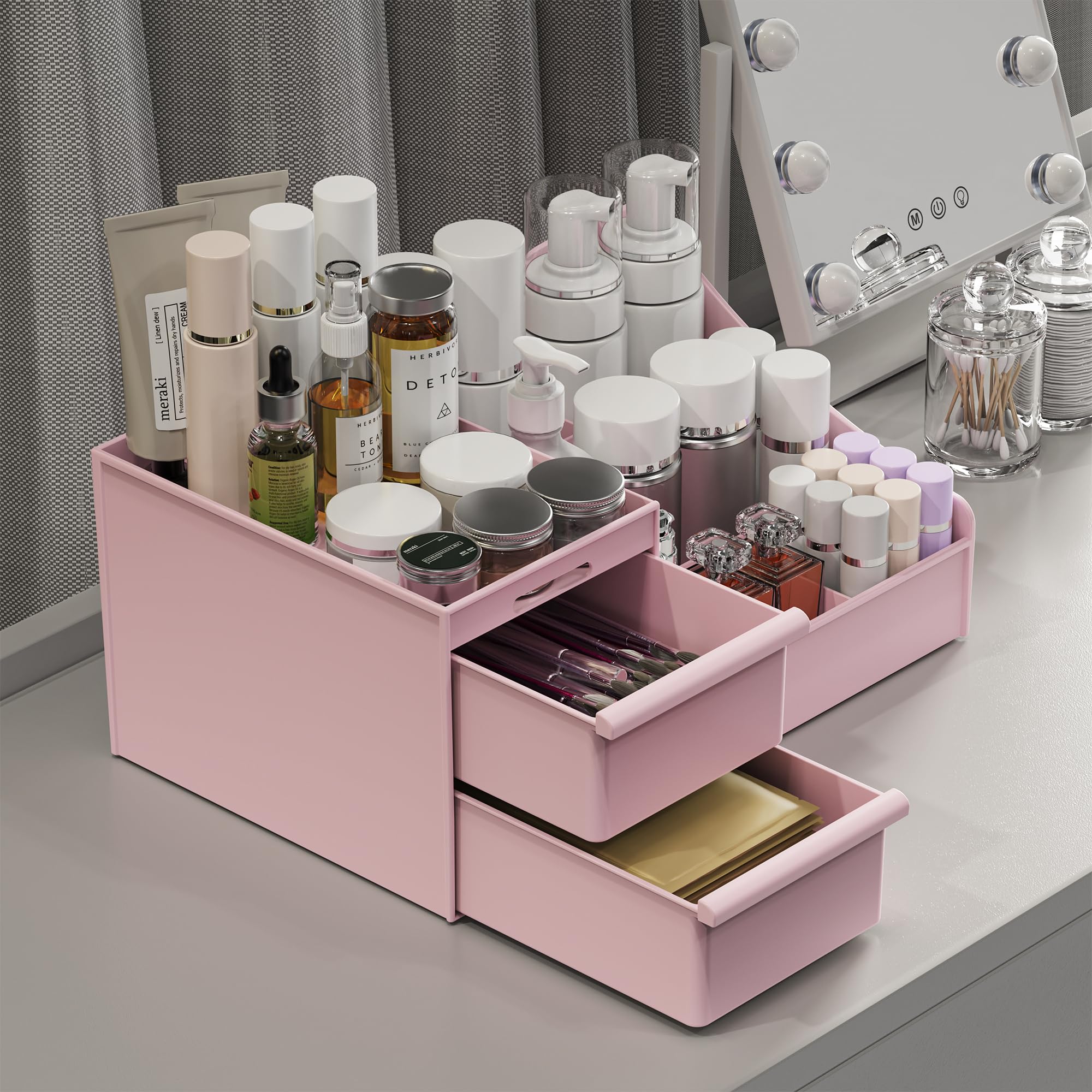 Dechoga Organizzatore Trucchi, Organizer Trucchi Cassetti - 2 Livelli 2 Cassetti, Porta Trucchi Organizer da Bagno Multifunzione, Grande Organizer Skincare Rimovibile, Ambra