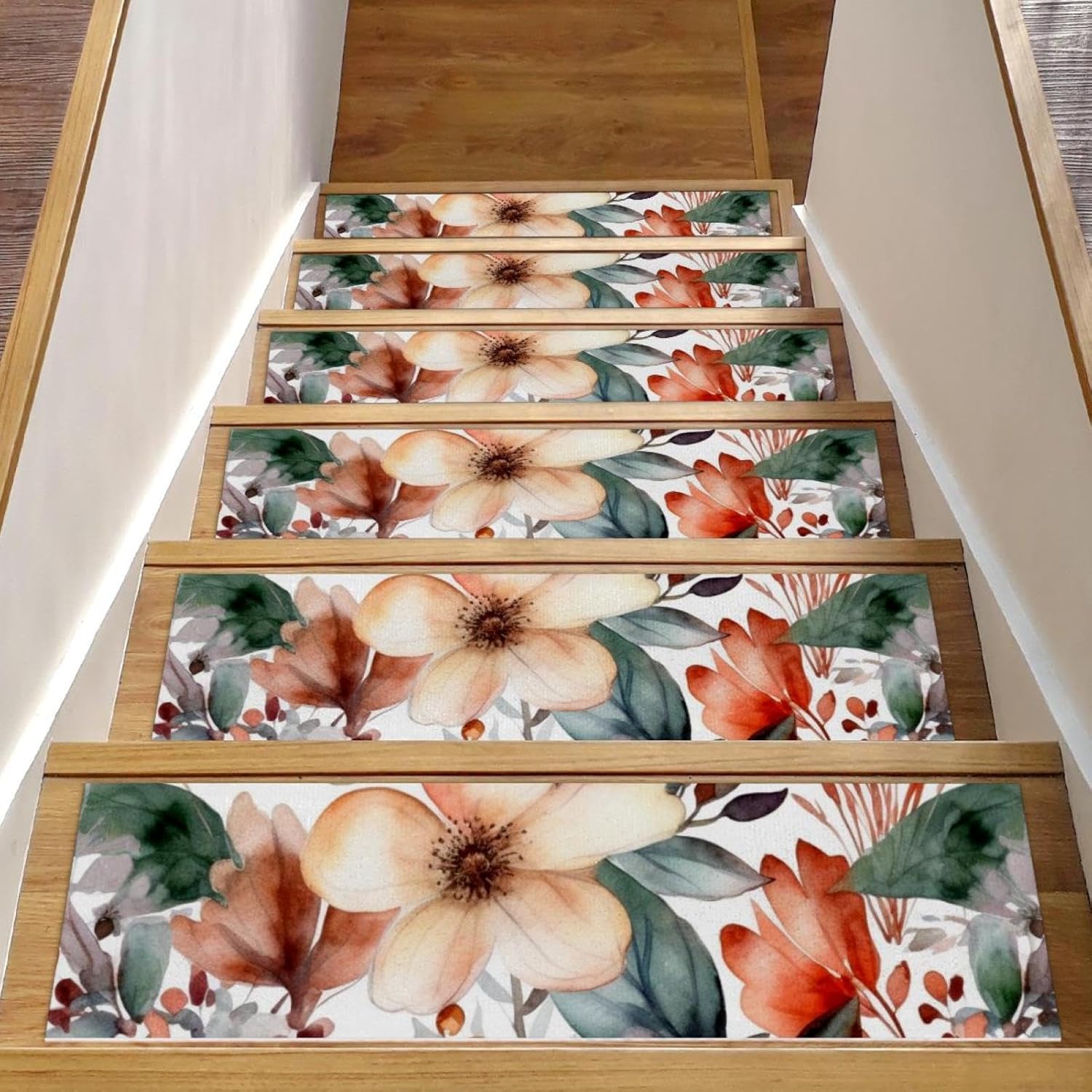 Self Adhesive Residue Free Machine Washable Reusable Stair Treads Non Slip Steps Floral Pattern with Flowers Stair Runner Indoor – 15 Pack 30″X8″ Anti Slip Mats