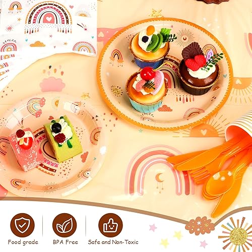 Miniatura 4 de 212 piezas de suministros para fiesta de cumpleaños de arcoíris, mantel de arco iris, platos de papel, tazas, servilletas, cubiertos, tenedor,