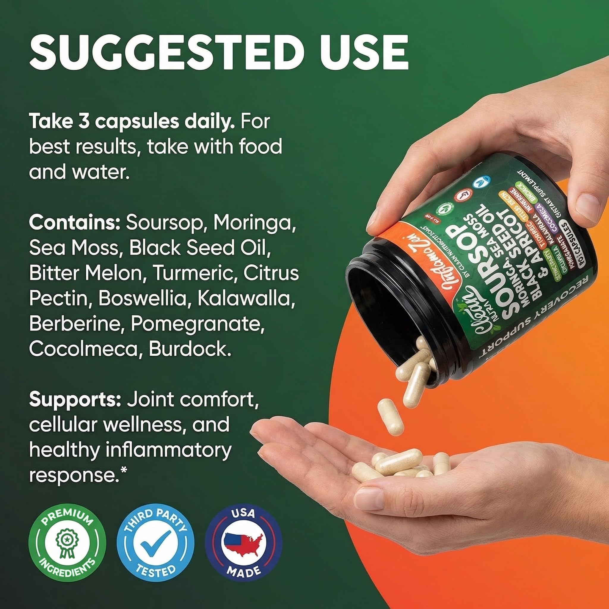 Clean Nutra Soursop Supplement Moringa Sea Moss Black Seed Oil Berberine Turmeric Resveratrol Quercetin Greens Bitters Boswellia Bitter Melon Burdock Root Antioxidant Support 90 Capsules — Amazon image 6