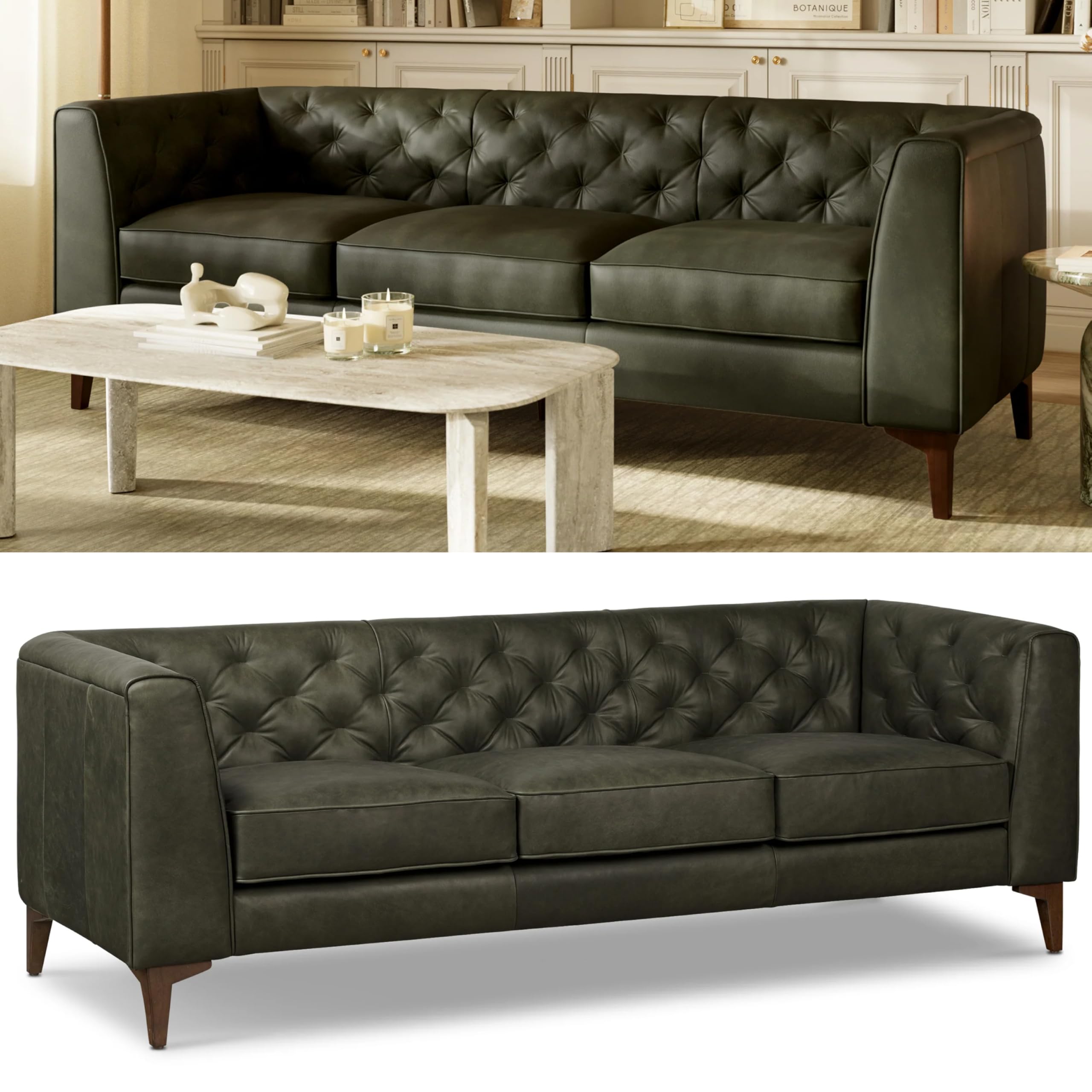 Poly & BARK Essex 89” Full-Grain Italian Leather Sofa – Tufted Back, Feather-Down Comfort, Solid Wood Frame, Olivine Green