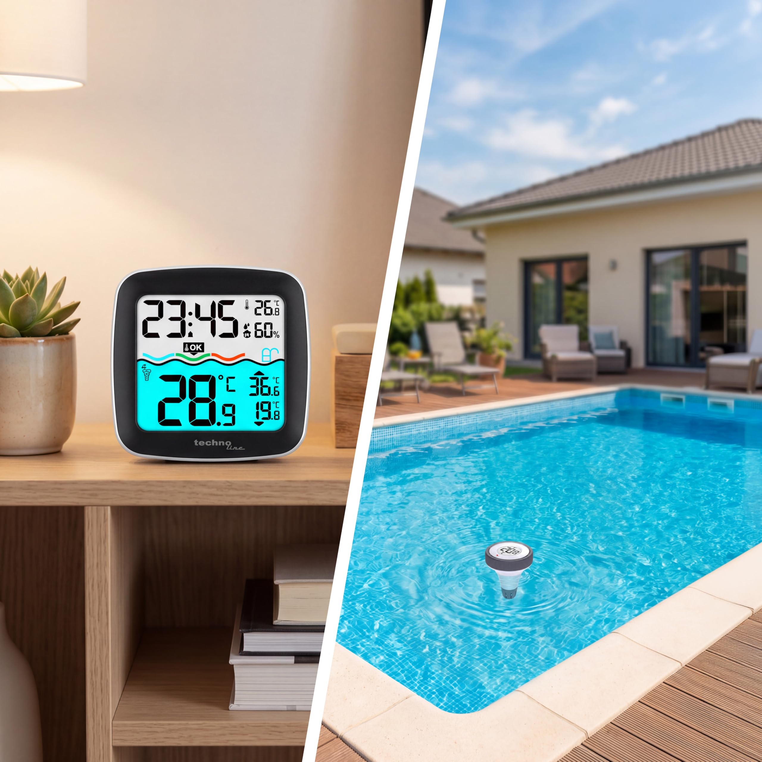 Technoline WS9059 Funk Poolthermometer, Poolsensor, Poolthermometer, mit digitaler Basisstation zum Datenablesen, Innentemperatur, Wassertemperatur, Luftfeuchte, für Pool, Teich, Außenanlage