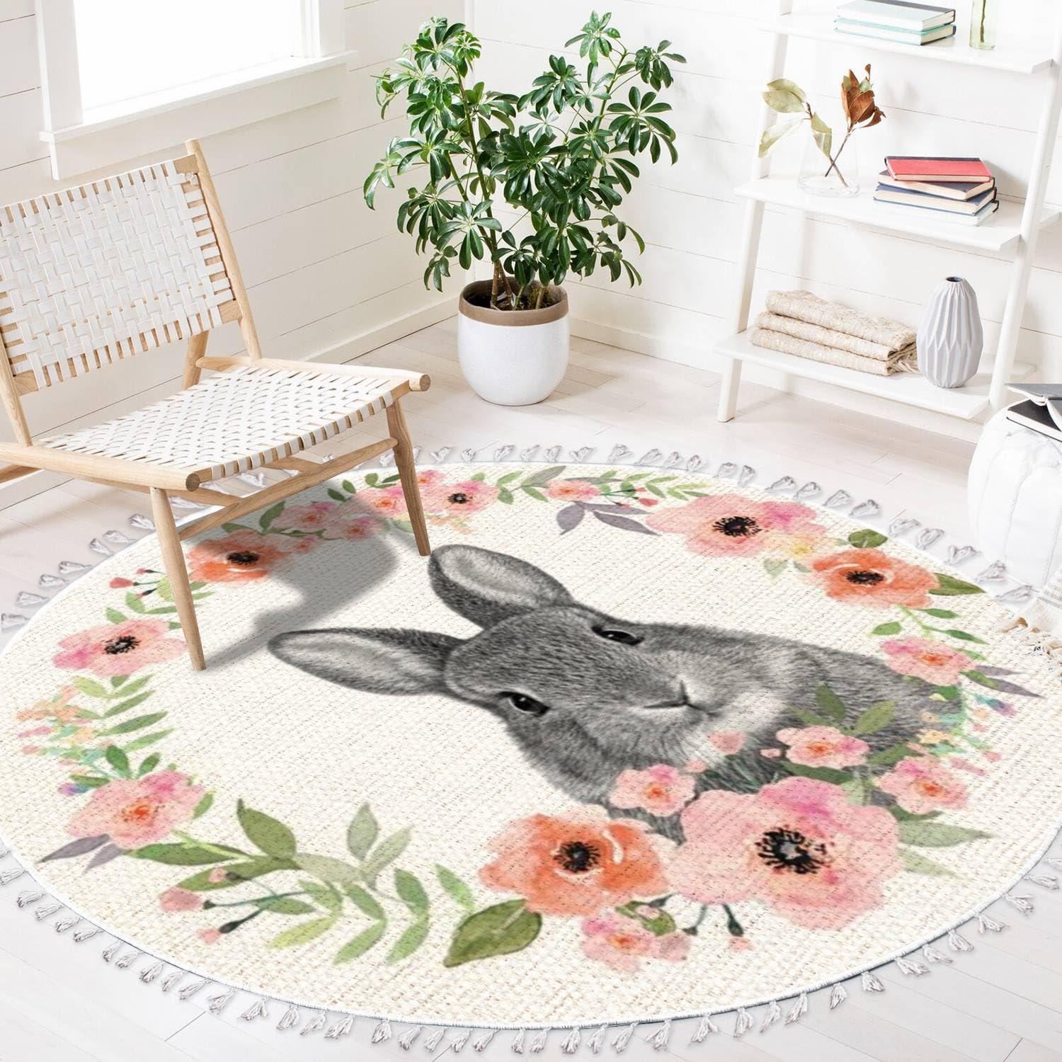 Woodland Animals Round Rugs Flower Crown Rabbit Barn Animal Boho Area Rug in Pastel Color Linen and Cotton Carpet Nursery Rug Washable Hallway Runner Mat Accent Rug for Bedroom Powder Room 4ft