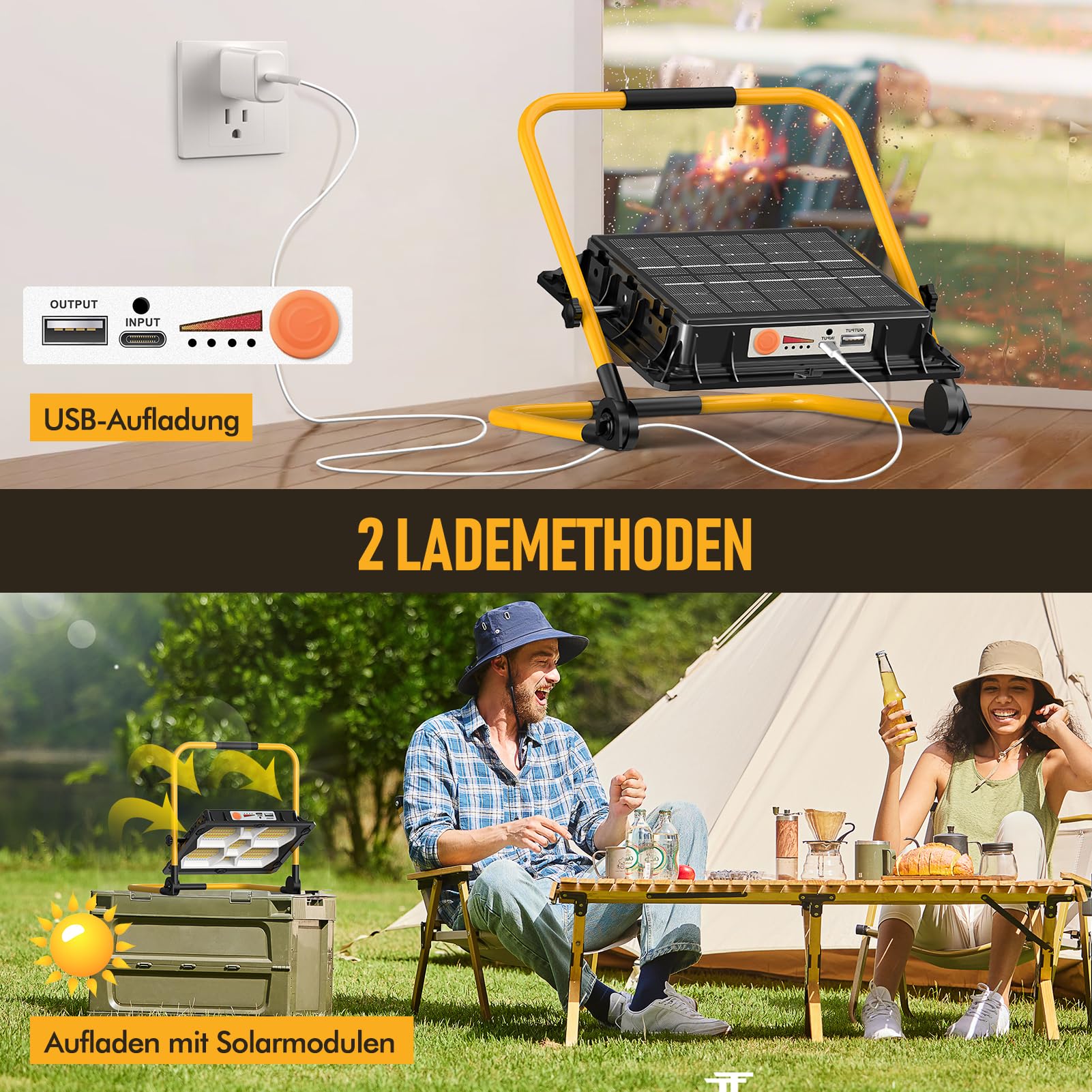 Viugreum 150W Lámpara de Trabajo LED Solar, Foco LED Recargable 15000LM con Puerto USB, 3000K/4500K/6500K Lámparas de Camping, Proyector Inalámbrico IP66 para Obras, Pesca, Senderismo, Taller