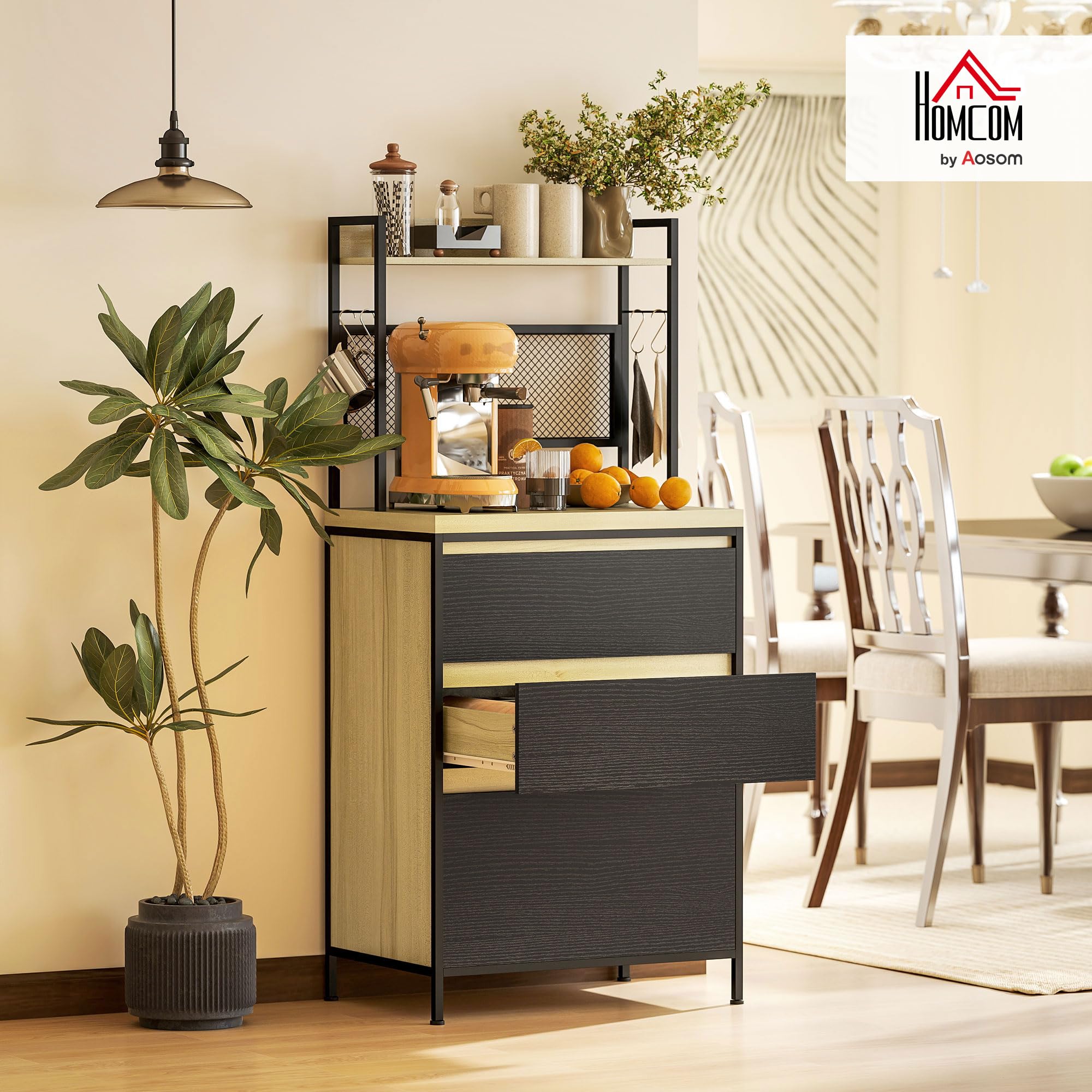 HOMCOM Armoire de Cuisine Buffet Industriel 60x40x132cm Bois Naturel | Meuble de Rangement, 3 Tiroirs, Plan de Travail, Étagère, 4 Crochets, Meuble Micro Onde, Salle à Manger, Salon