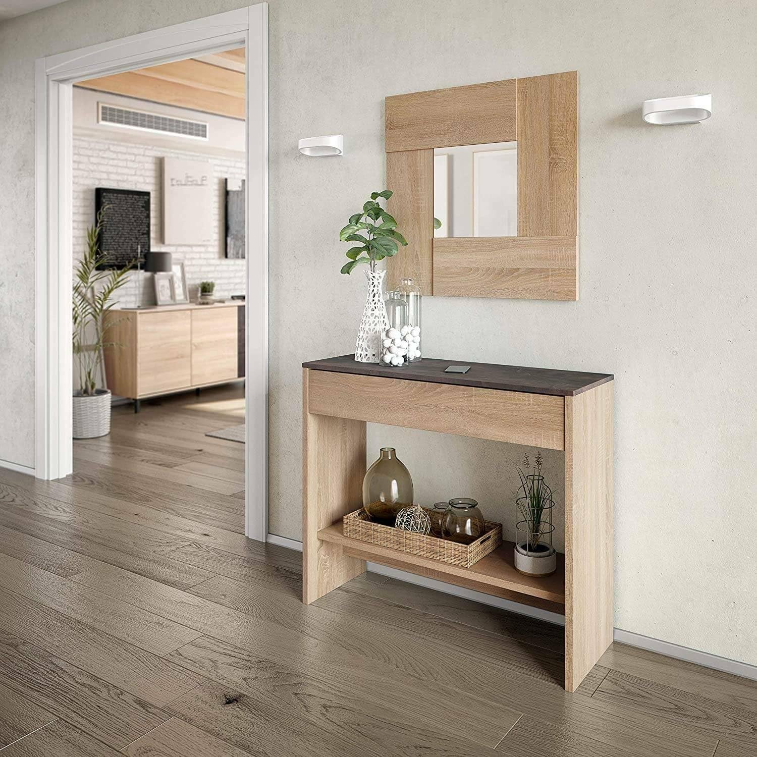 Dmora - Mobile da ingresso Gilbert, Entratina con specchio, Mobile con cassetto e ripiano per entrata, Armadio moderno per atrio, cm 92x33h149, Rovere e Noce