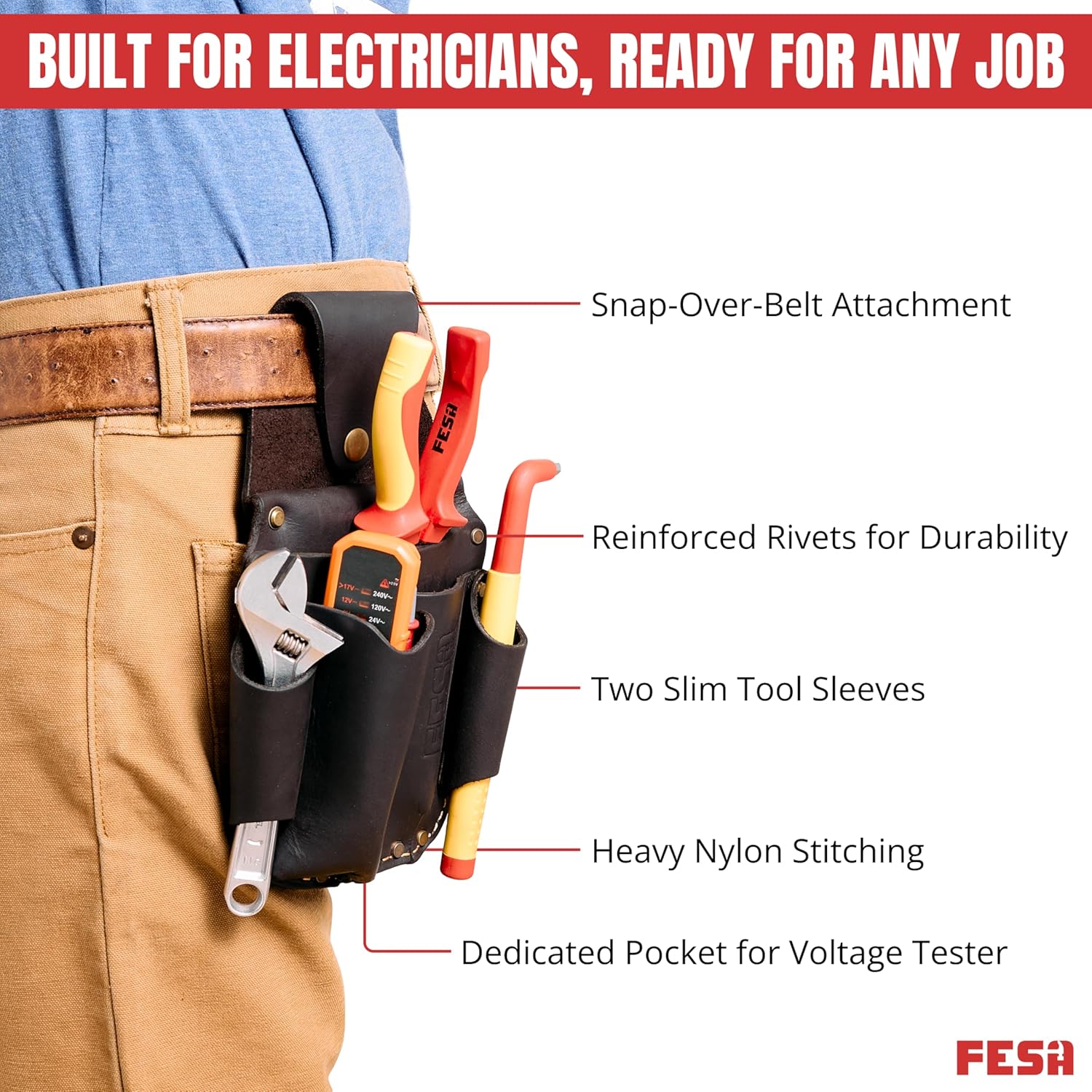 FESA Leather Electrician Tool Pouch - Pocket Caddy Clip On Tool Pouch with Voltage Test Meter Pocket & 5 Other Compartments - Easy On & Off - Fits Belts up to 3" Wide - Handcrafted